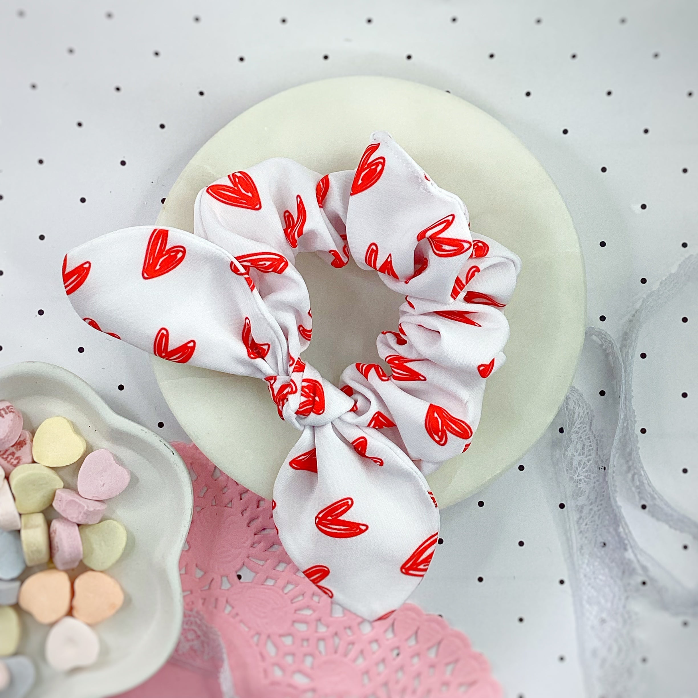 Red Scribble Hearts Bow Strip, Headband and Scrunchie Collection