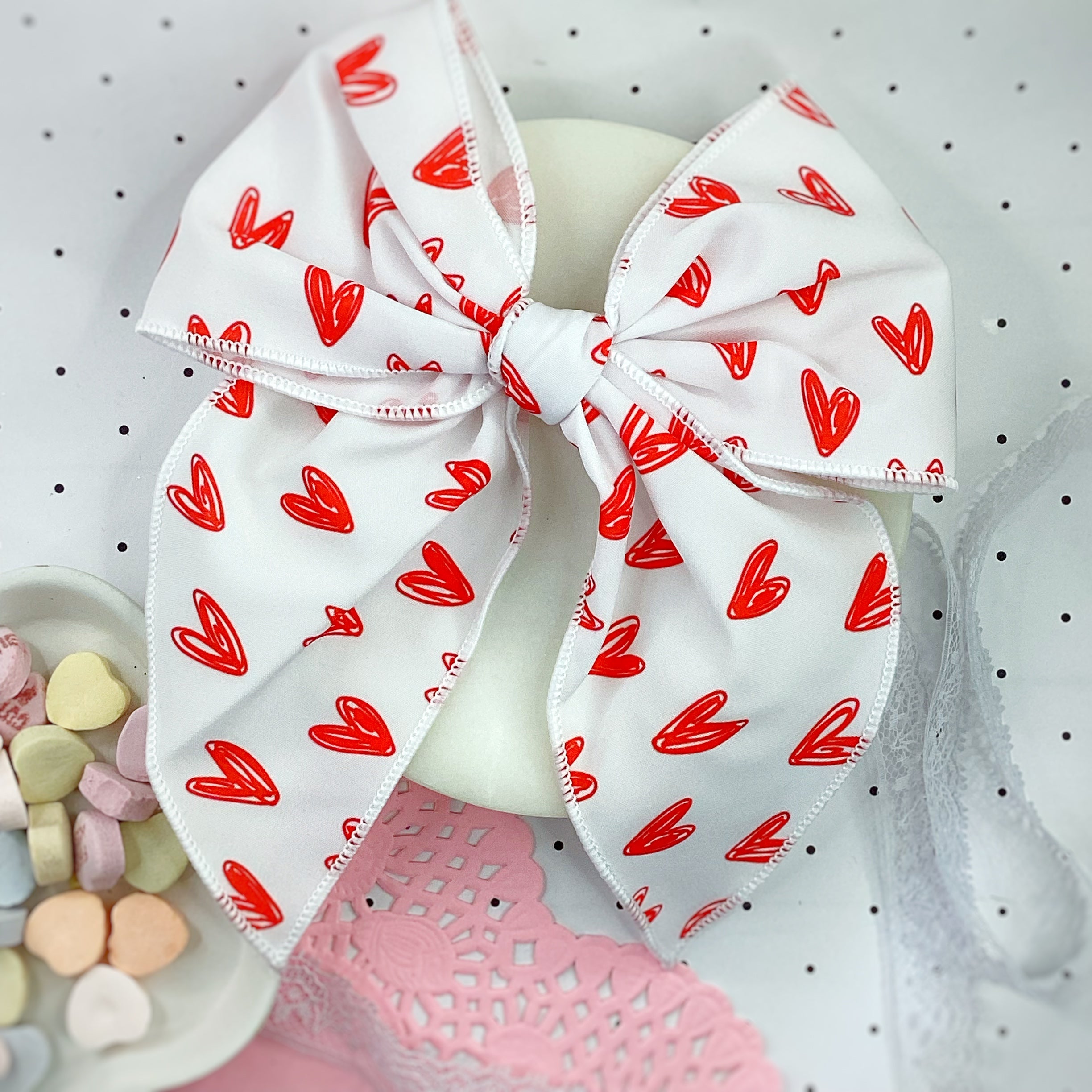 Red Scribble Hearts Bow Strip, Headband and Scrunchie Collection