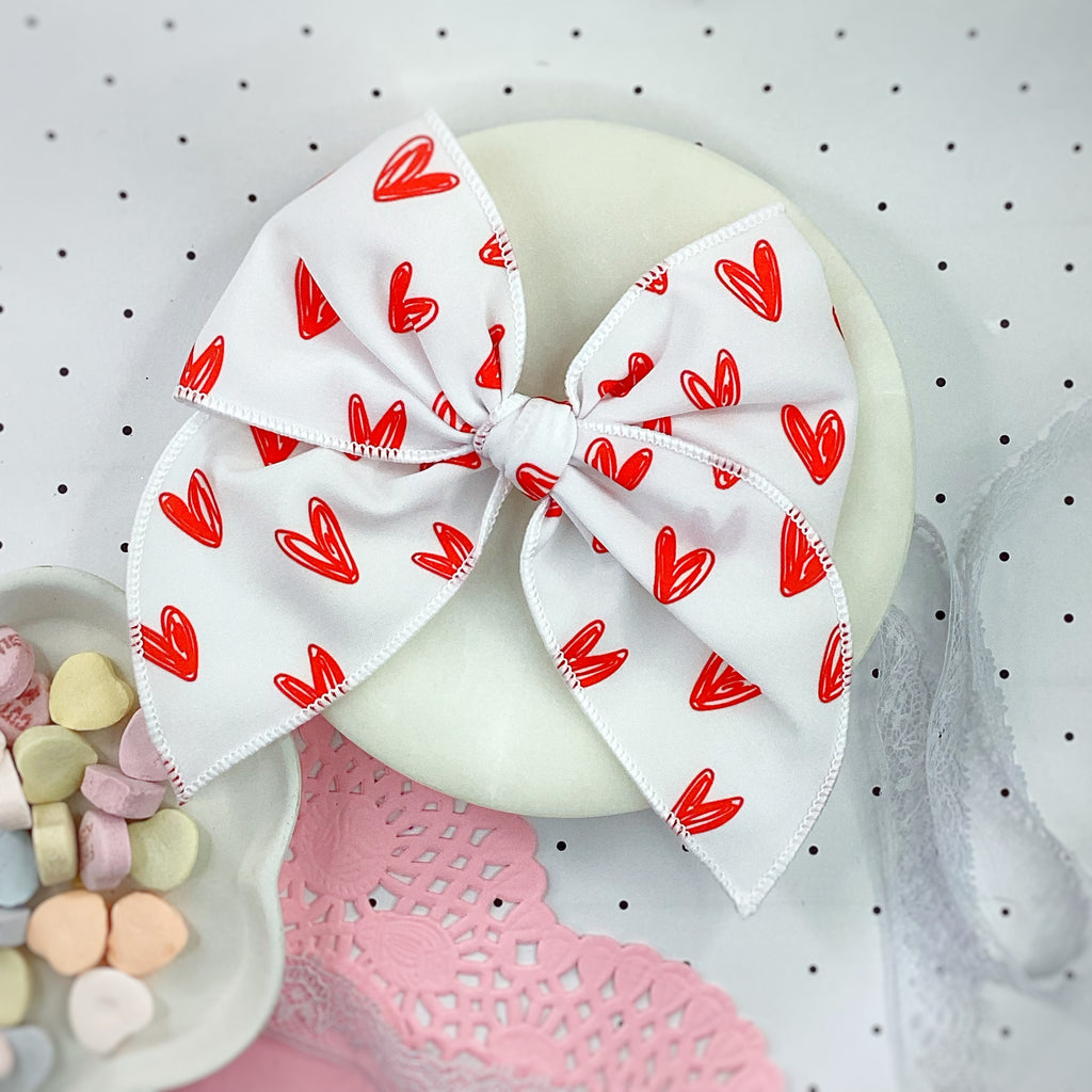 Red Scribble Hearts Bow Strip, Headband and Scrunchie Collection
