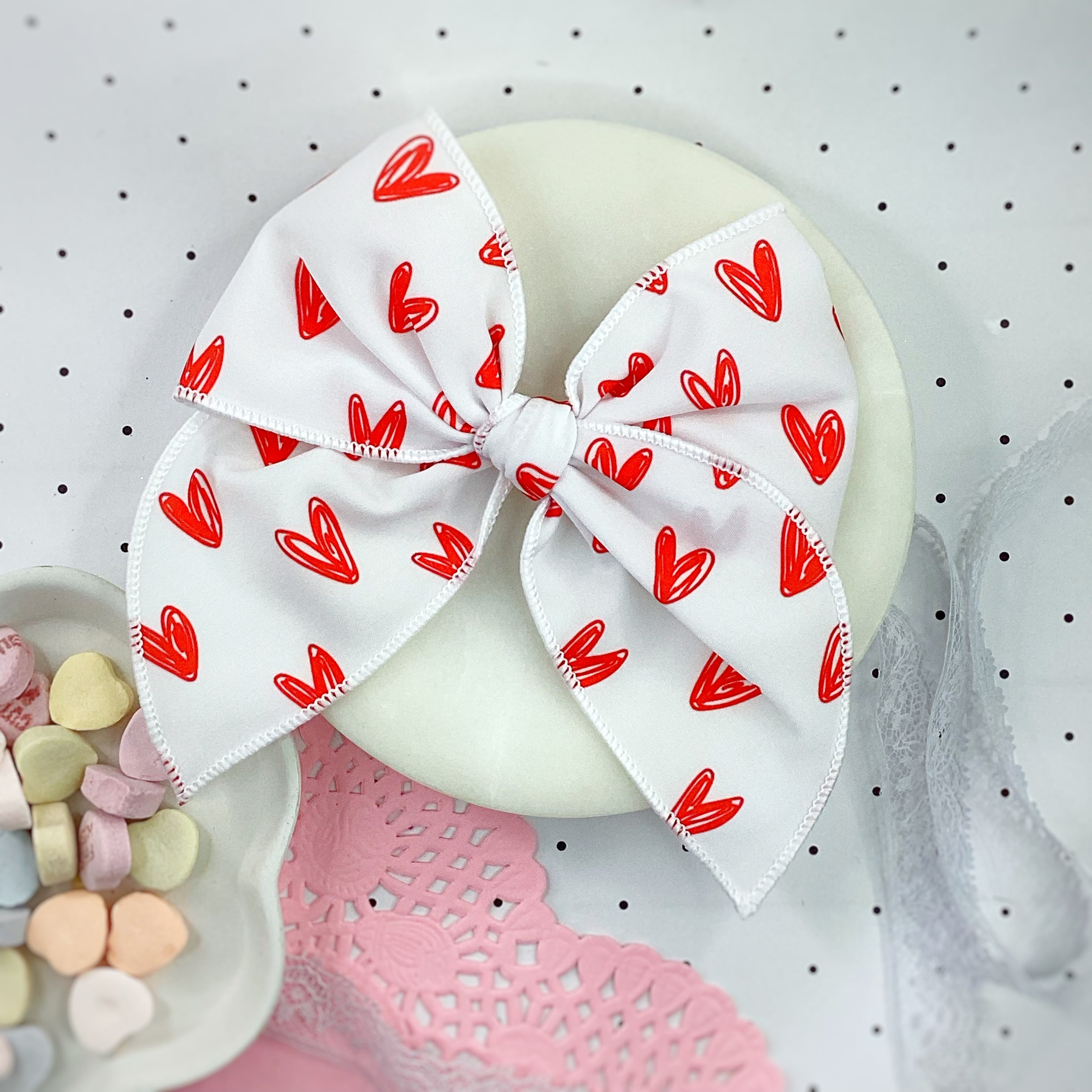 Red Scribble Hearts Bow Strip, Headband and Scrunchie Collection