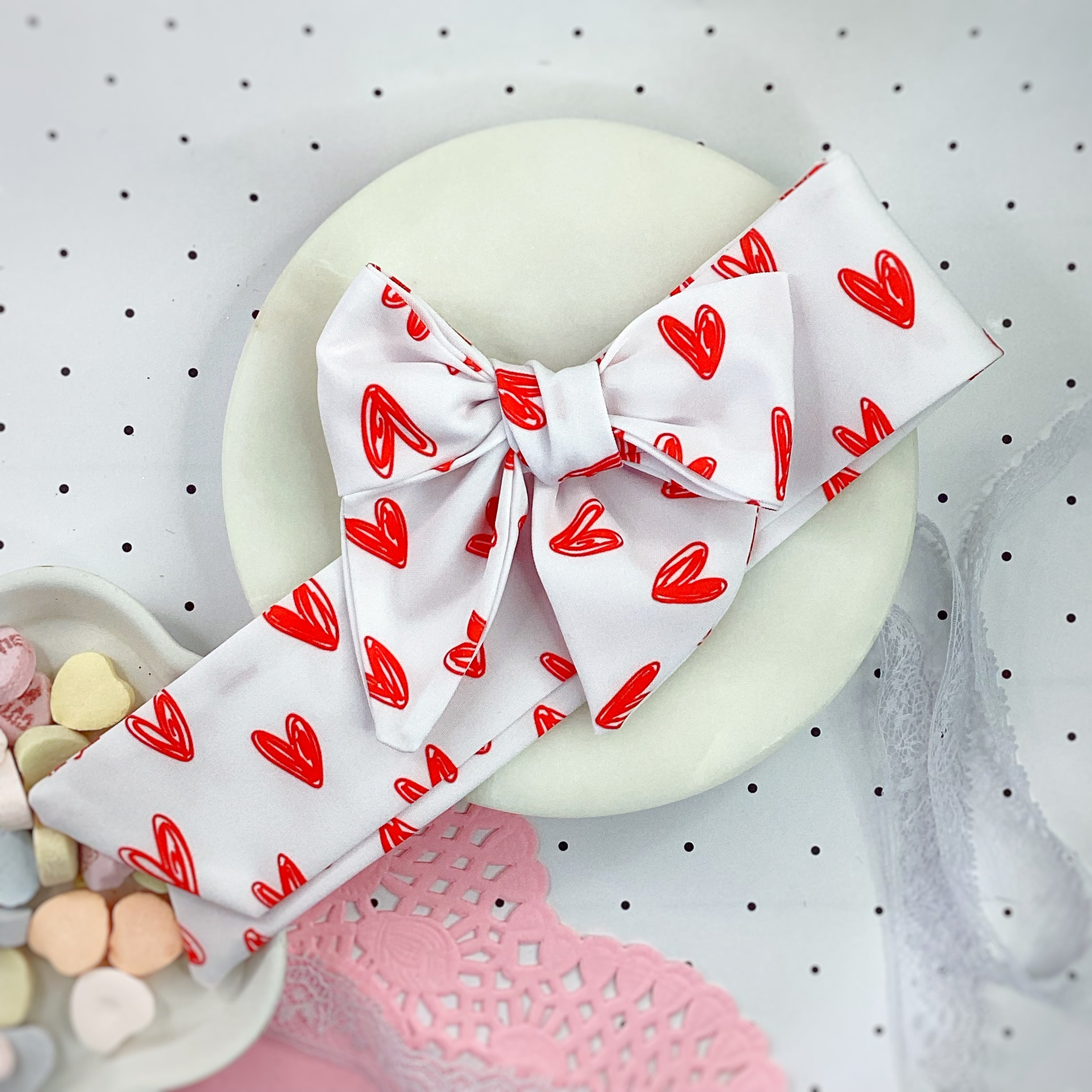 Red Scribble Hearts Bow Strip, Headband and Scrunchie Collection