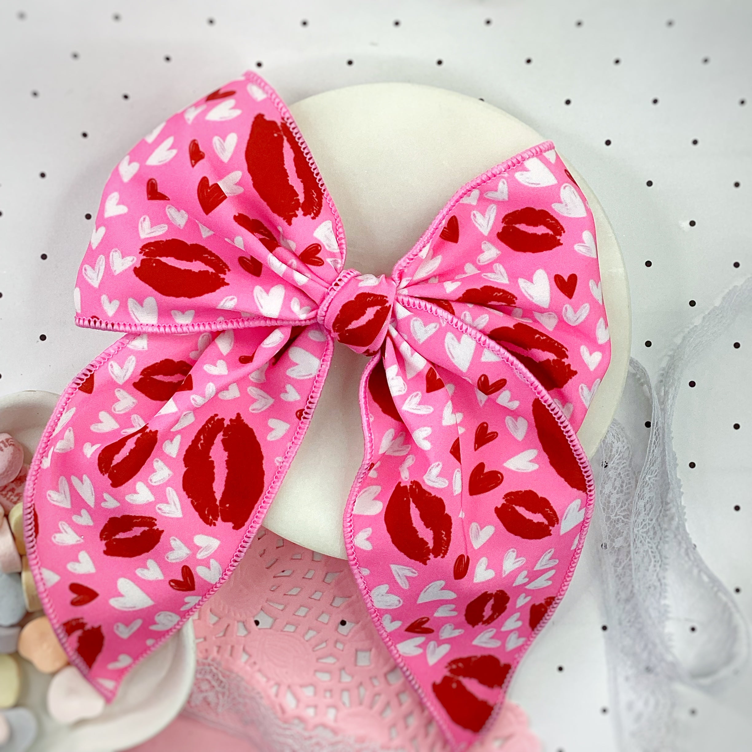 Heart and Kisses Bow Strip, Headband and Scrunchie Collection