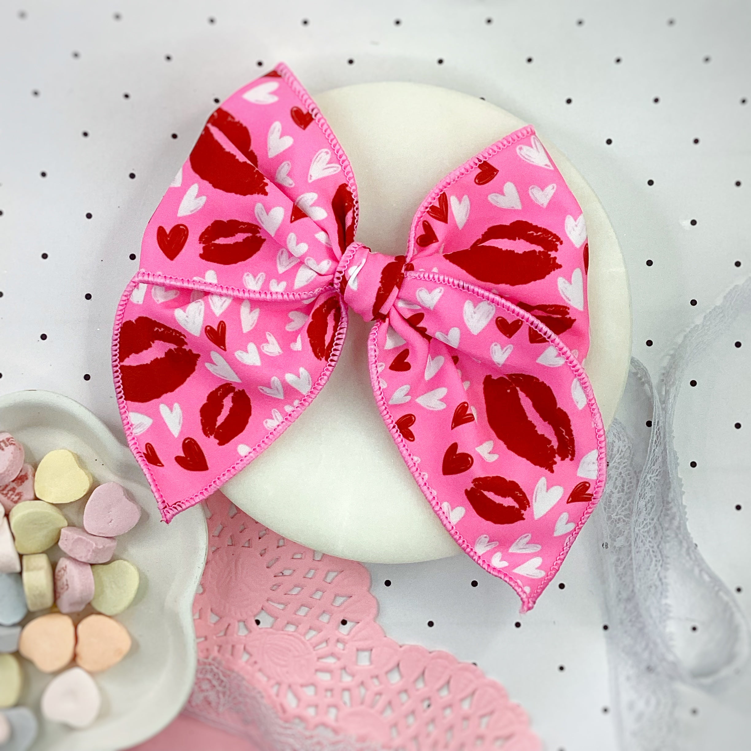 Heart and Kisses Bow Strip, Headband and Scrunchie Collection
