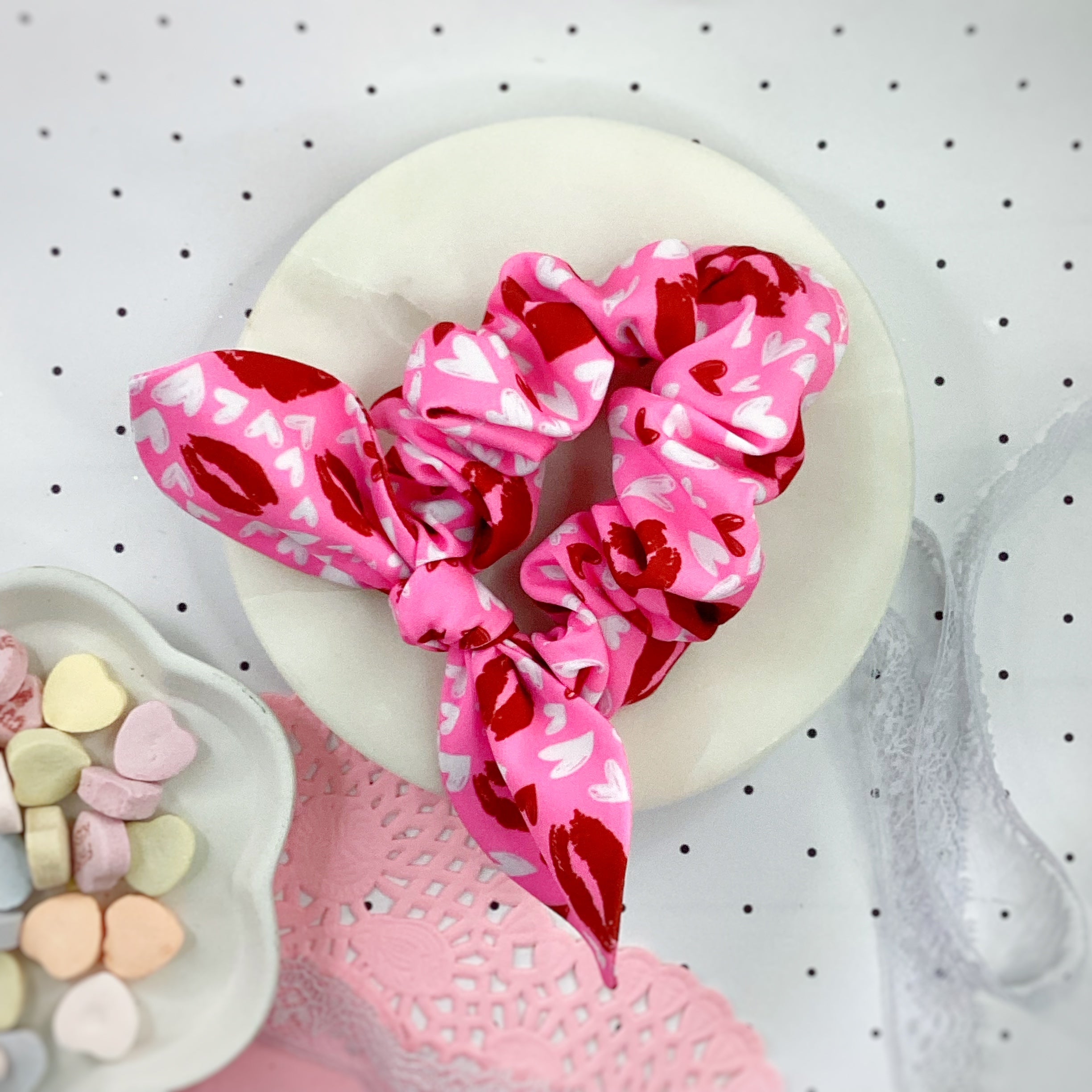 Heart and Kisses Bow Strip, Headband and Scrunchie Collection