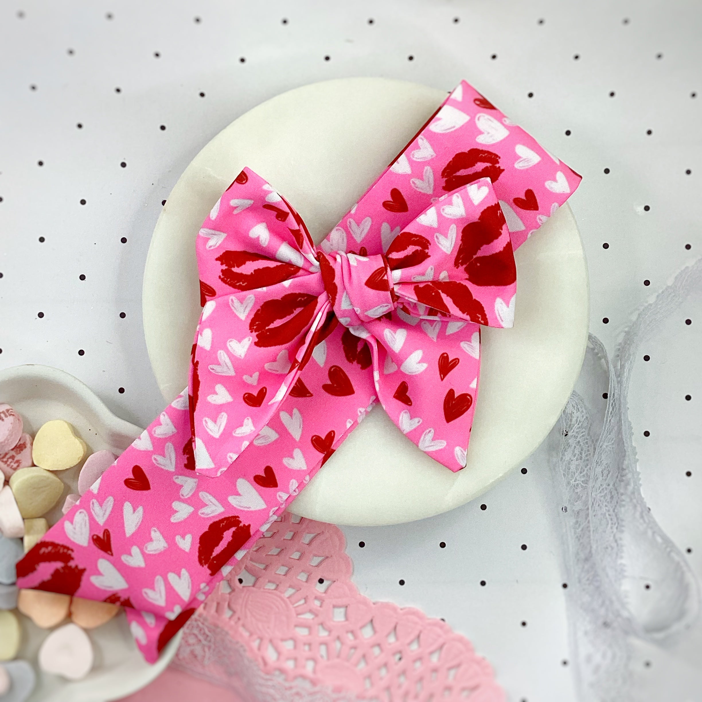 Heart and Kisses Bow Strip, Headband and Scrunchie Collection