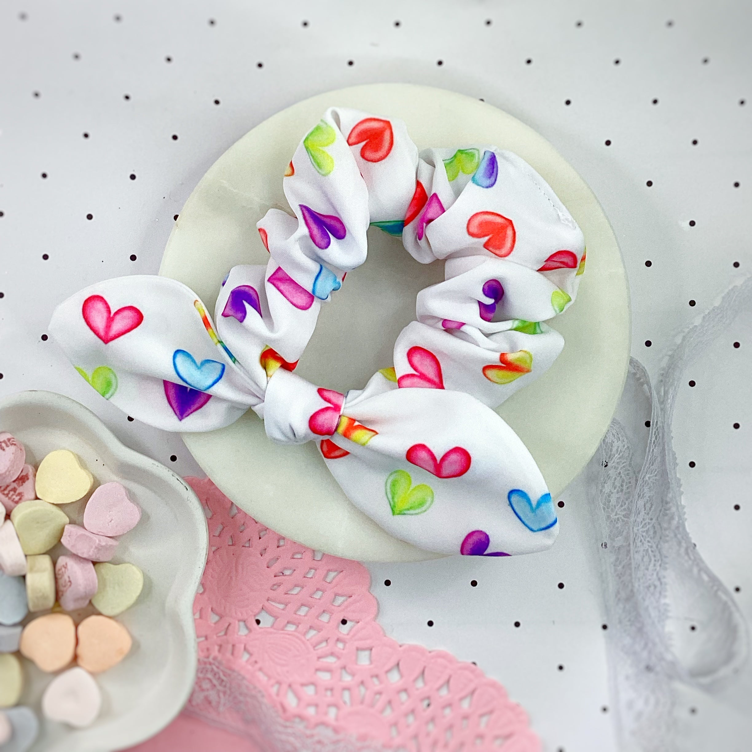 Multicolored Hearts Bow Strip, Headband and Scrunchie Collection
