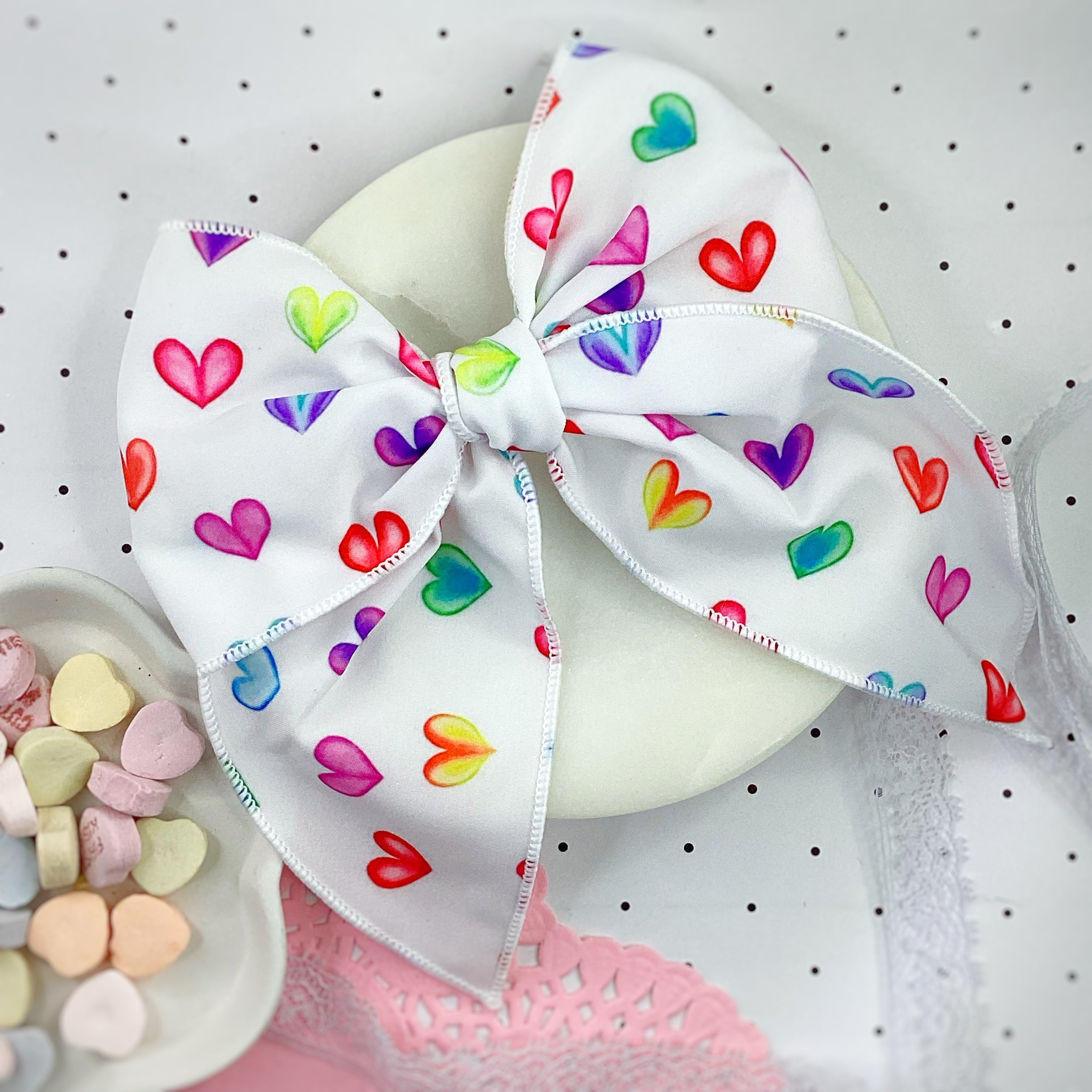 Multicolored Hearts Bow Strip, Headband and Scrunchie Collection