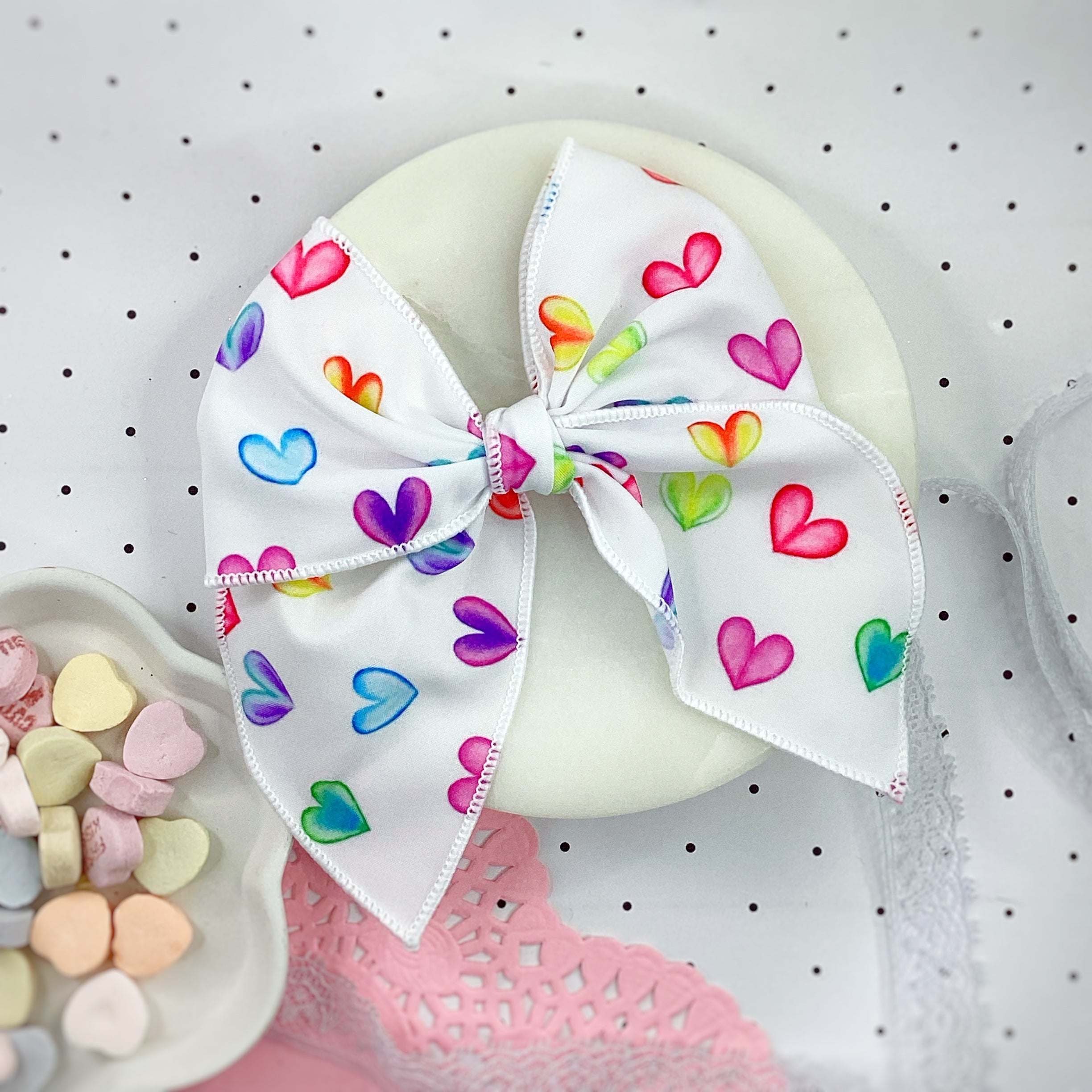 Multicolored Hearts Bow Strip, Headband and Scrunchie Collection