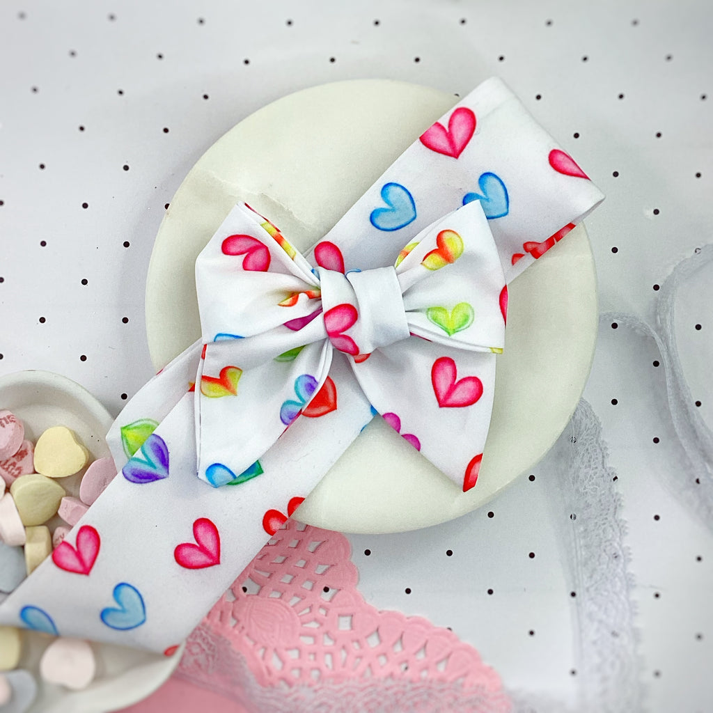 Multicolored Hearts Bow Strip, Headband and Scrunchie Collection