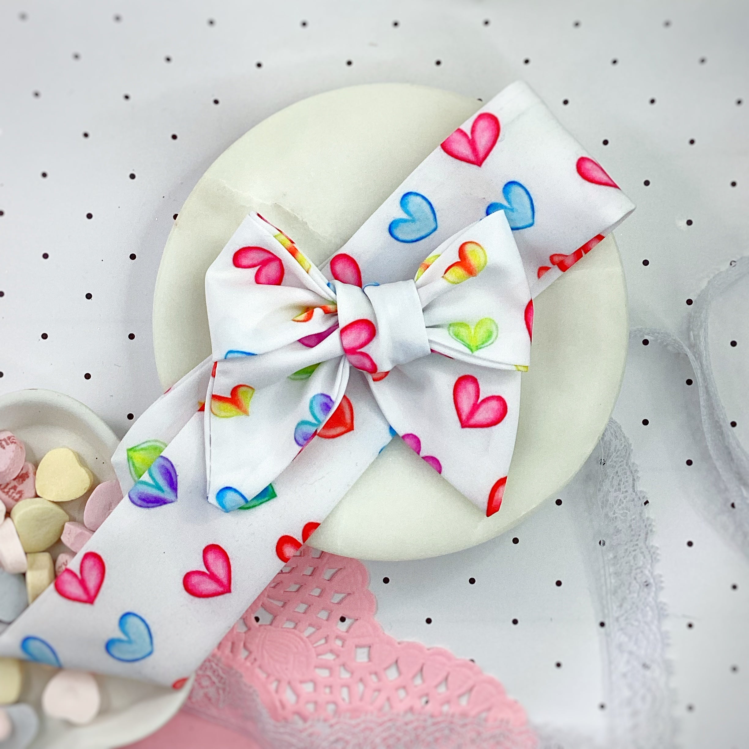 Multicolored Hearts Bow Strip, Headband and Scrunchie Collection