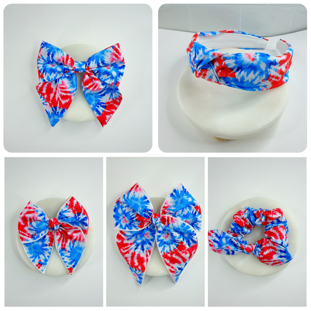 Tie Dye Patriotic Stars Bow Strip, Headband and Scrunchie Collection