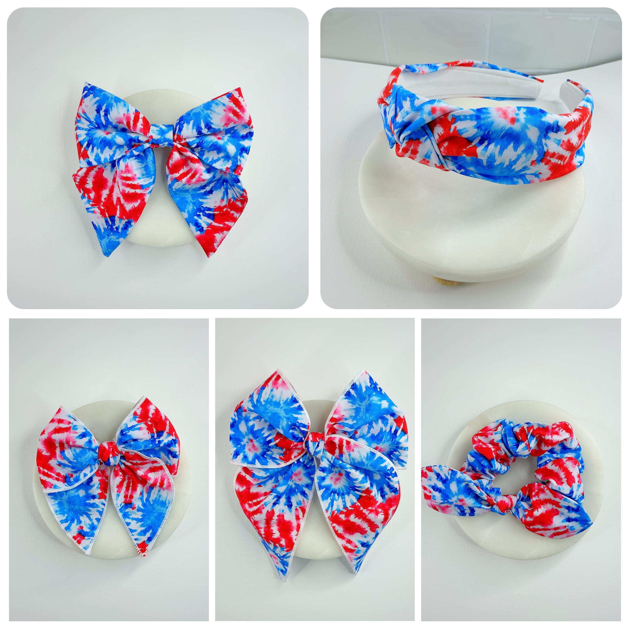 Tie Dye Patriotic Stars Bow Strip, Headband and Scrunchie Collection