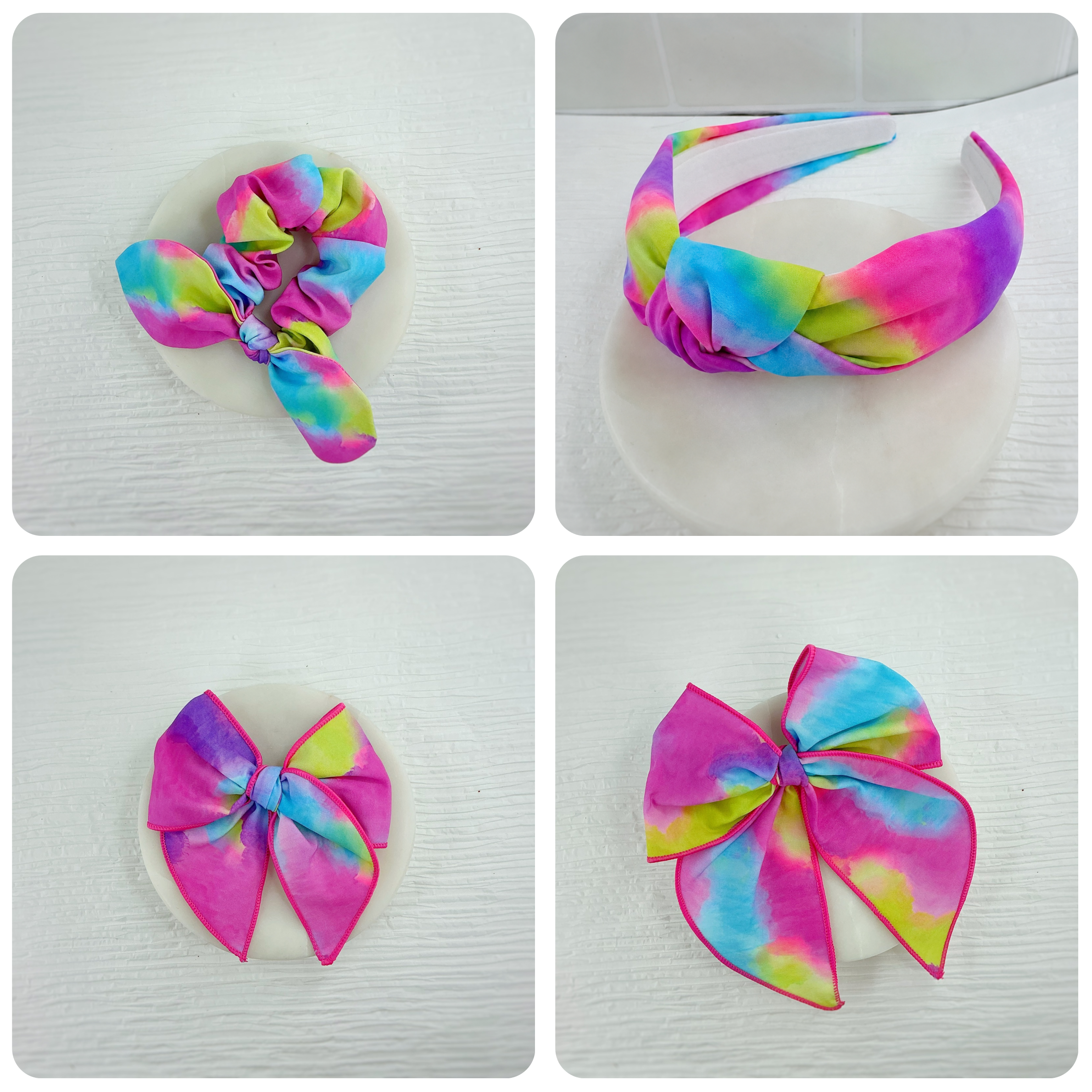 Bright Tie Dye Scrunchie, Bow Strip and Headband Collection