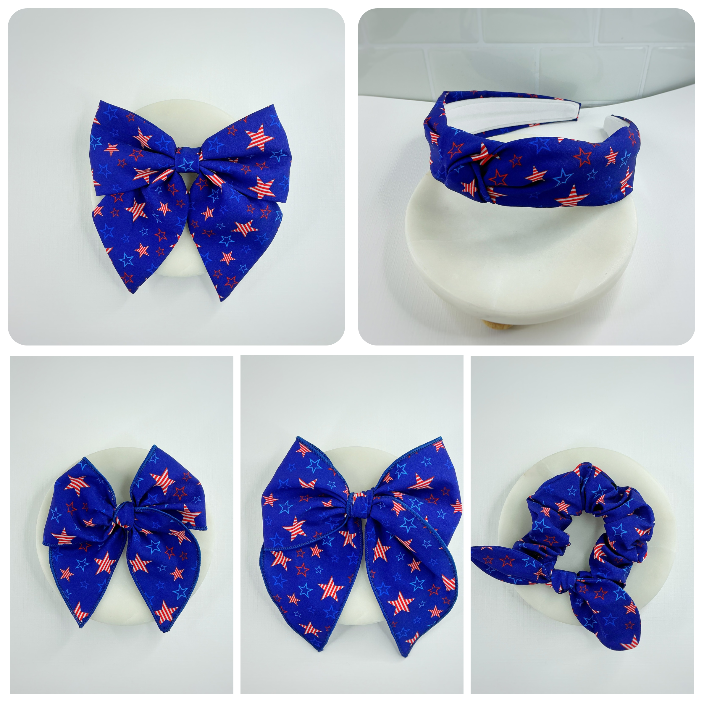 Navy Patriotic Stars Bow Strip, Headband and Scrunchie Collection