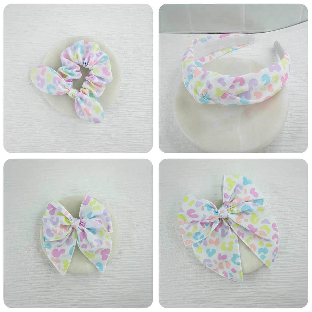 Pastel Leopard Scrunchie, Bow Strip and Headband Collection