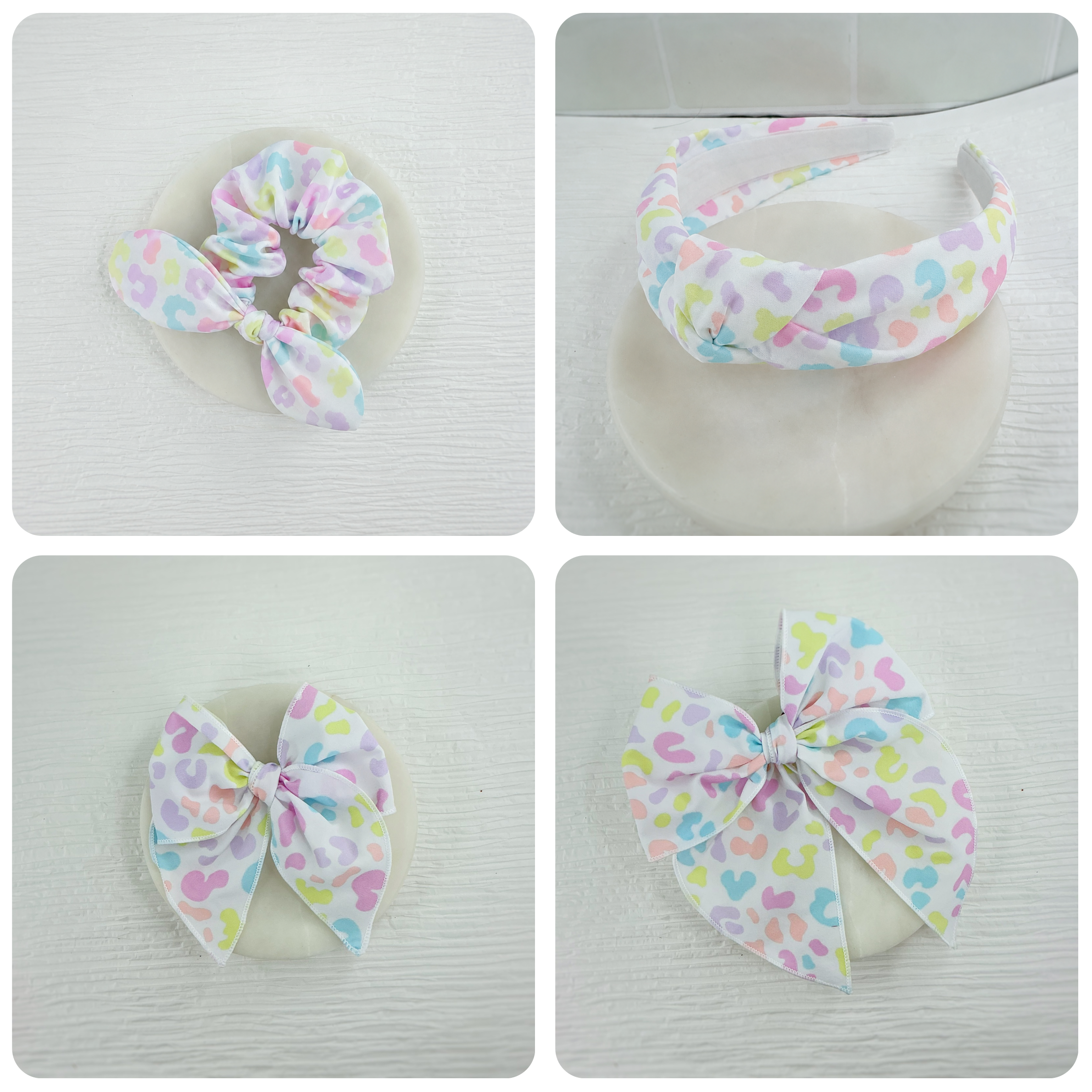 Pastel Leopard Scrunchie, Bow Strip and Headband Collection