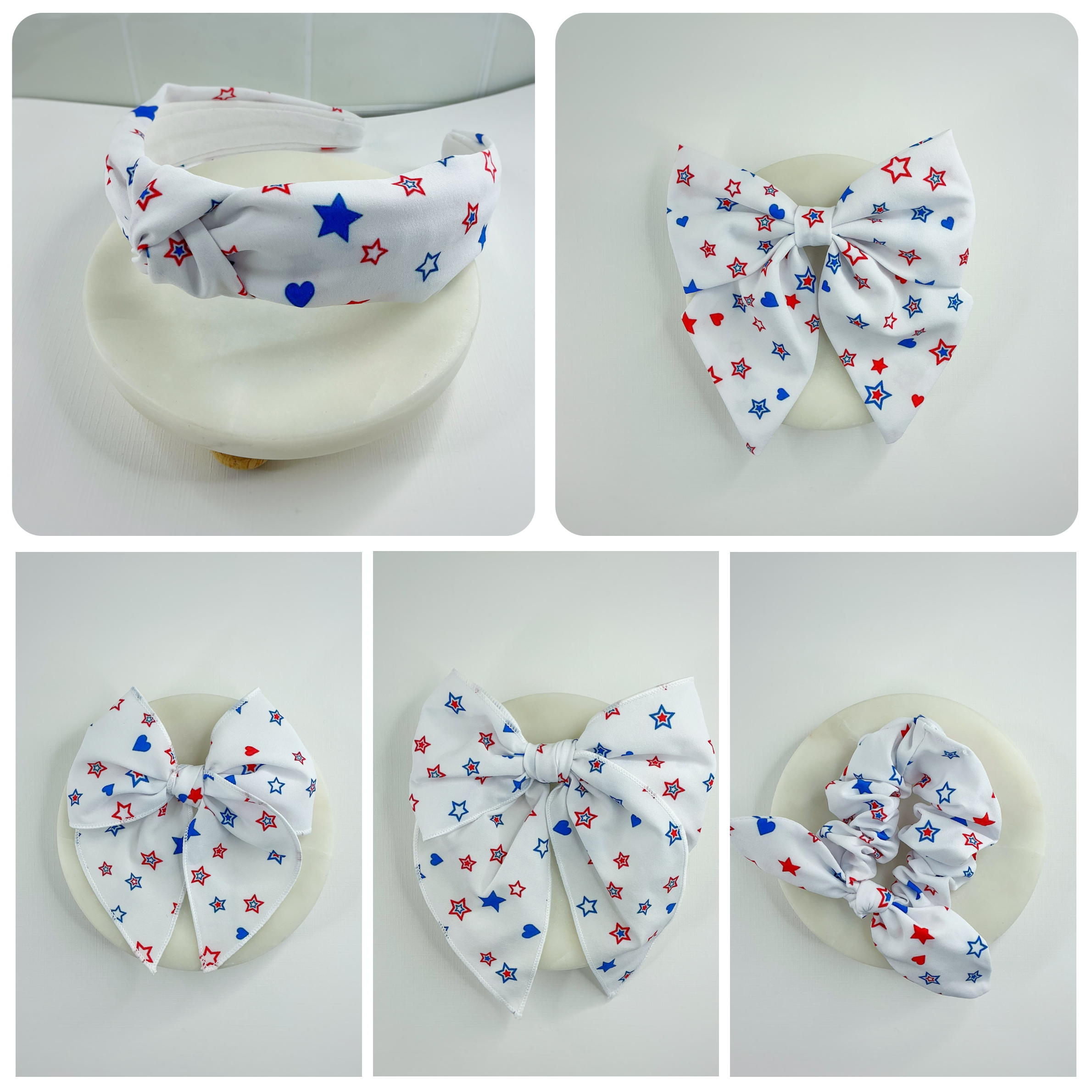 White Patriotic Hearts and Stars Bow Strip, Headband and Scrunchie Collection