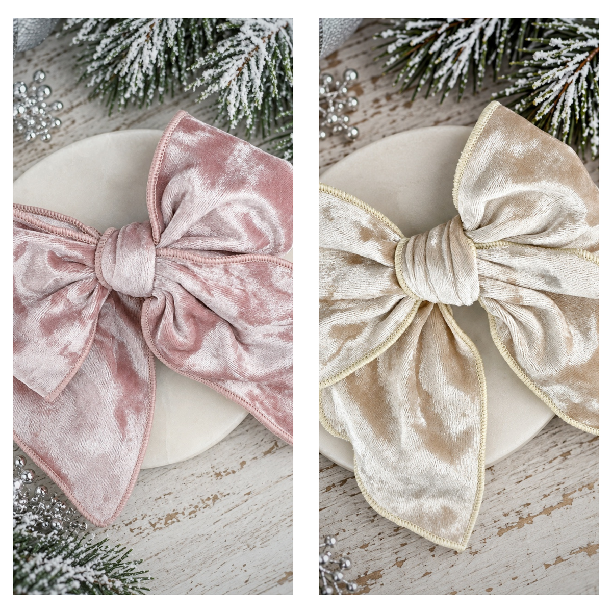 Two velvet ribbon bows displayed side by side on a round plate, with snowy pine branches and silver ornaments around them. The left bow is dusty pink, and the right bow is champagne beige.