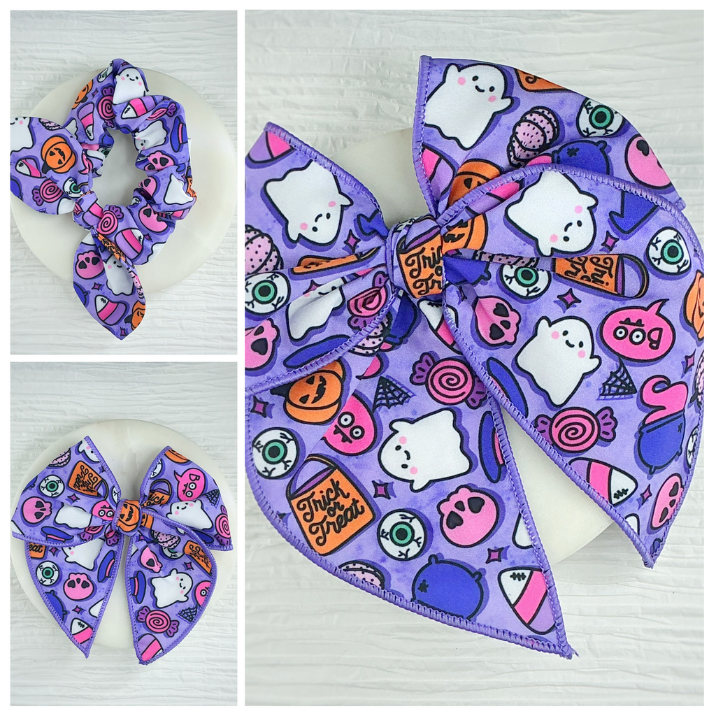 Purple Trick or Treat Pre-Tied Bow Strip and Scrunchie Collection