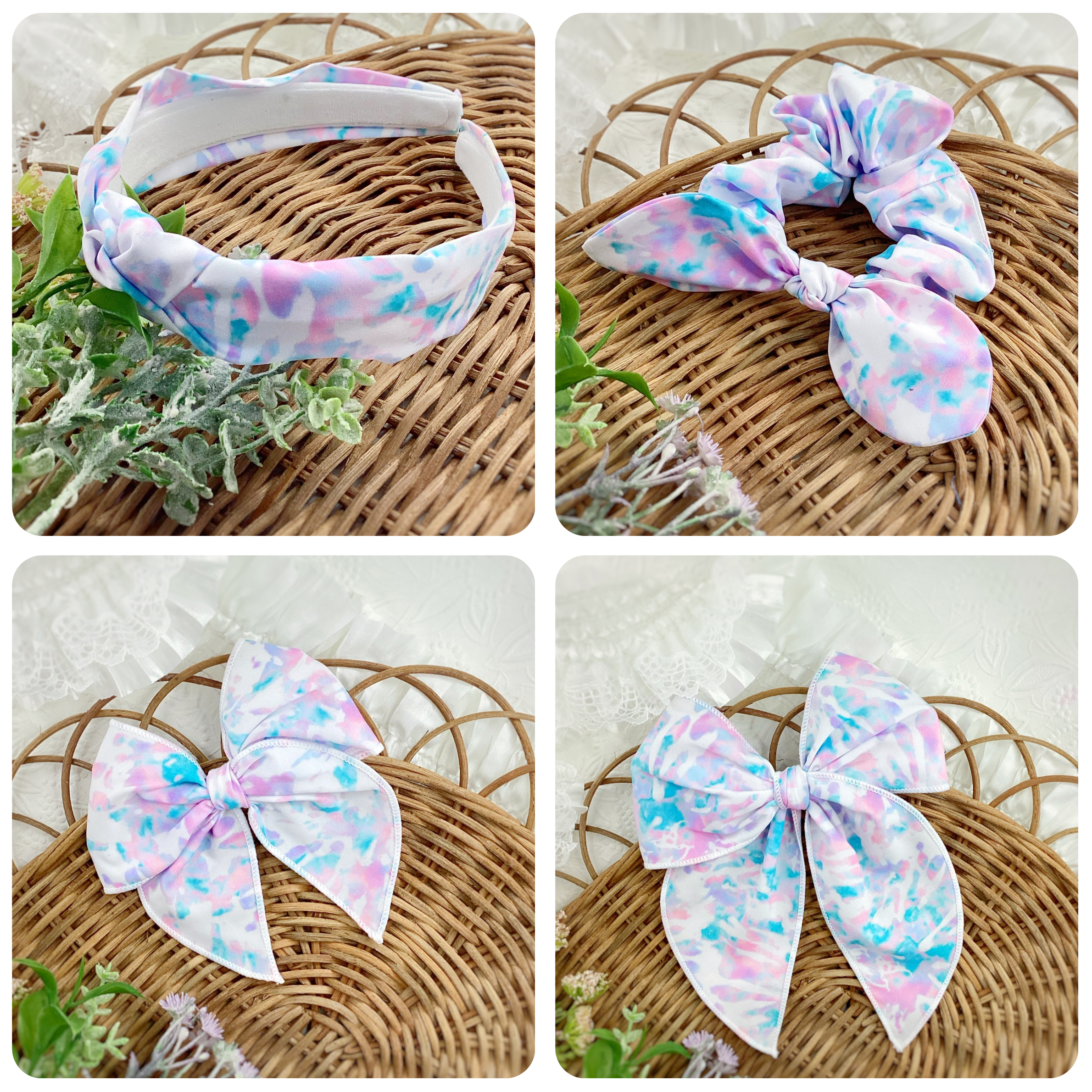 Pastel Tie Dye Scrunchie, Bow Strip and Headband Collection