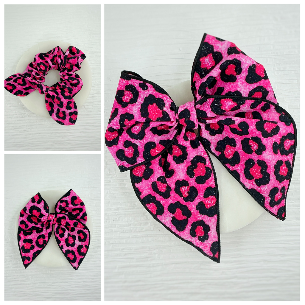 Pink Glitter-Look Leopard Pre-Tied Bow Strip and Scrunchie Collection