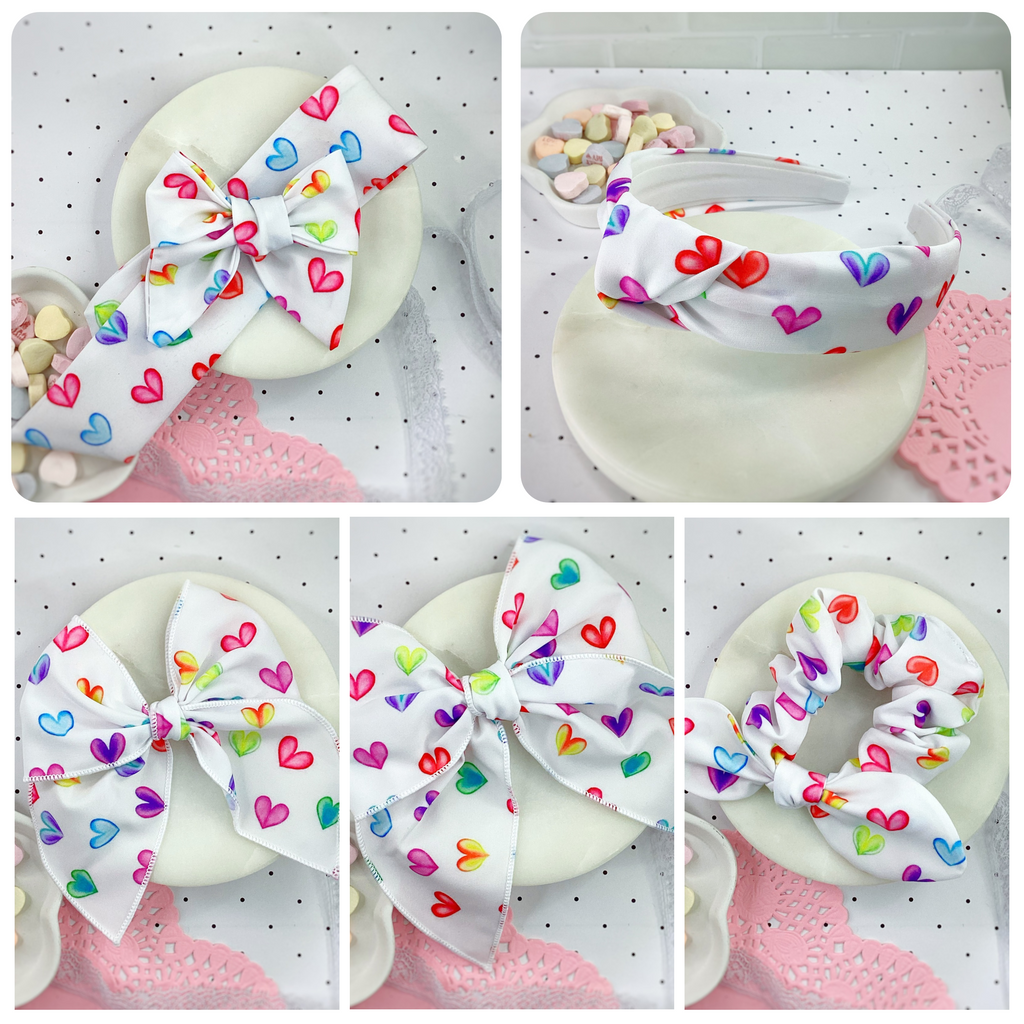 Multicolored Hearts Bow Strip, Headband and Scrunchie Collection