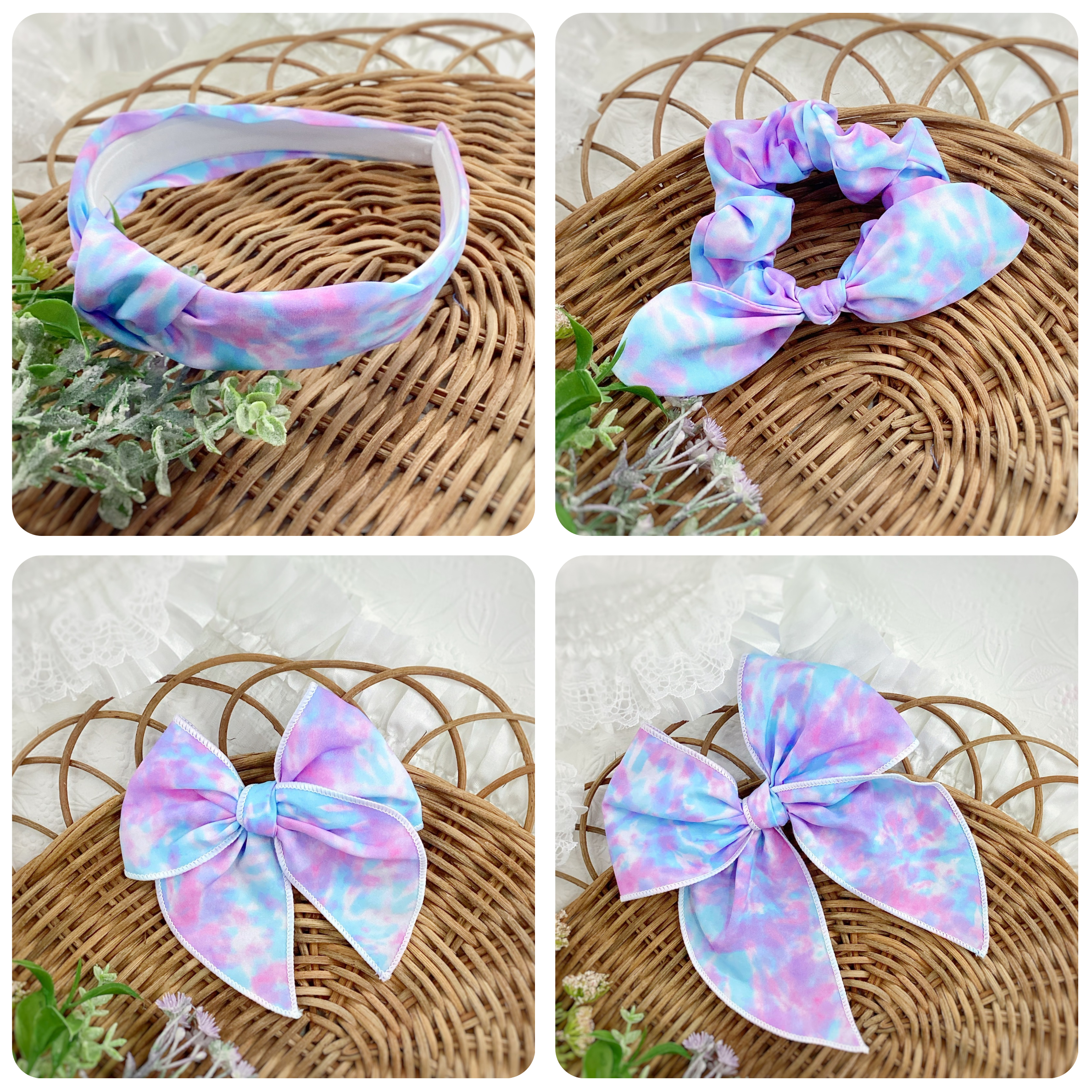 Purple and Blue Tie Dye Scrunchie, Bow Strip and Headband Collection