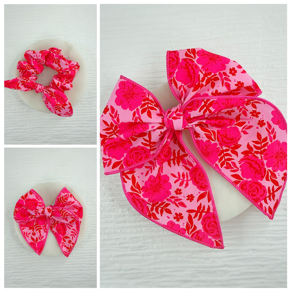 Hot Pink Floral Pre-Tied Bow Strip and Scrunchie Collection