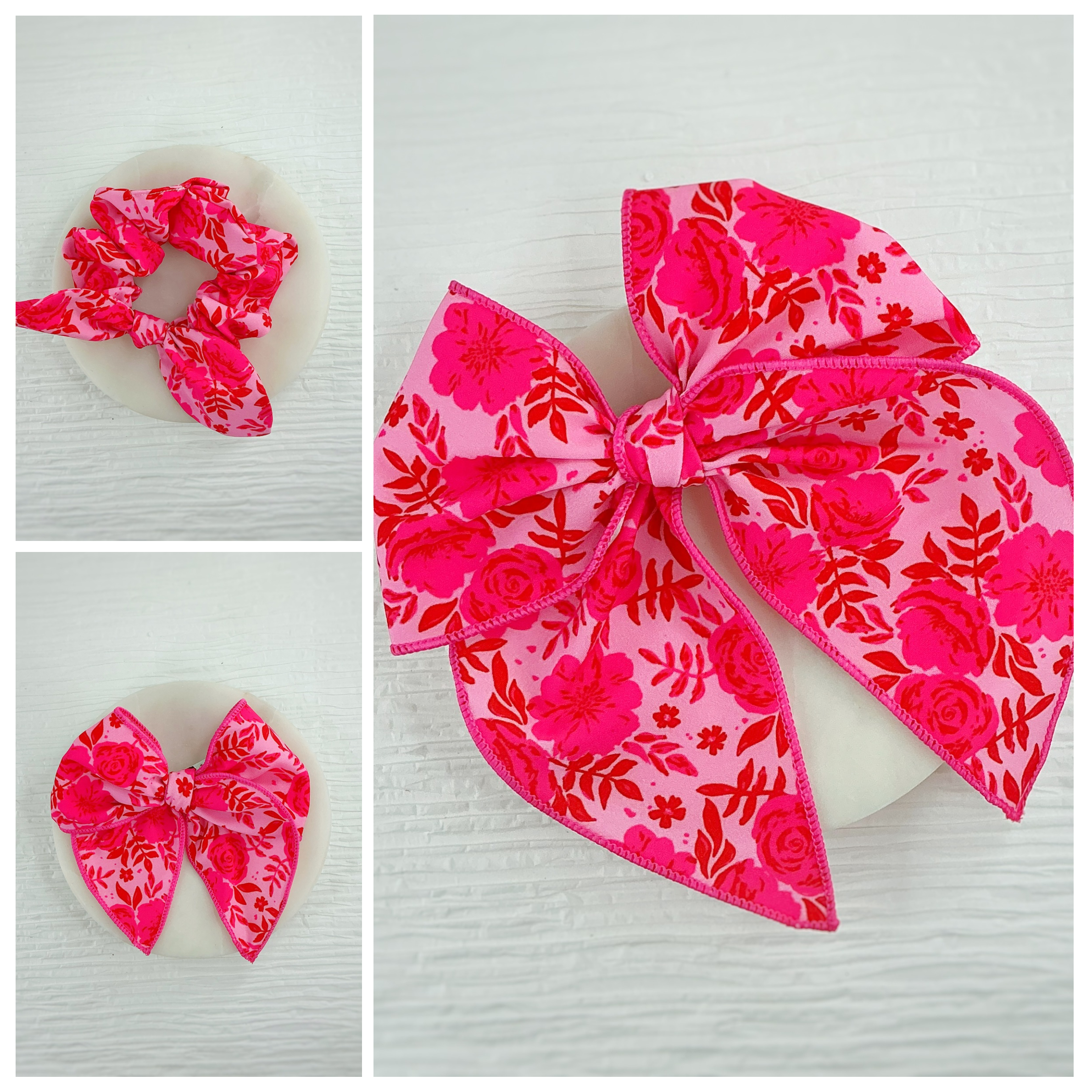 Hot Pink Floral Pre-Tied Bow Strip and Scrunchie Collection