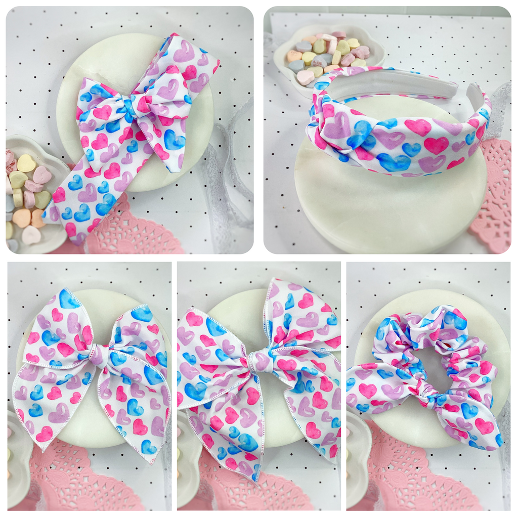 Pastel Hearts Bow Strip, Headband and Scrunchie Collection