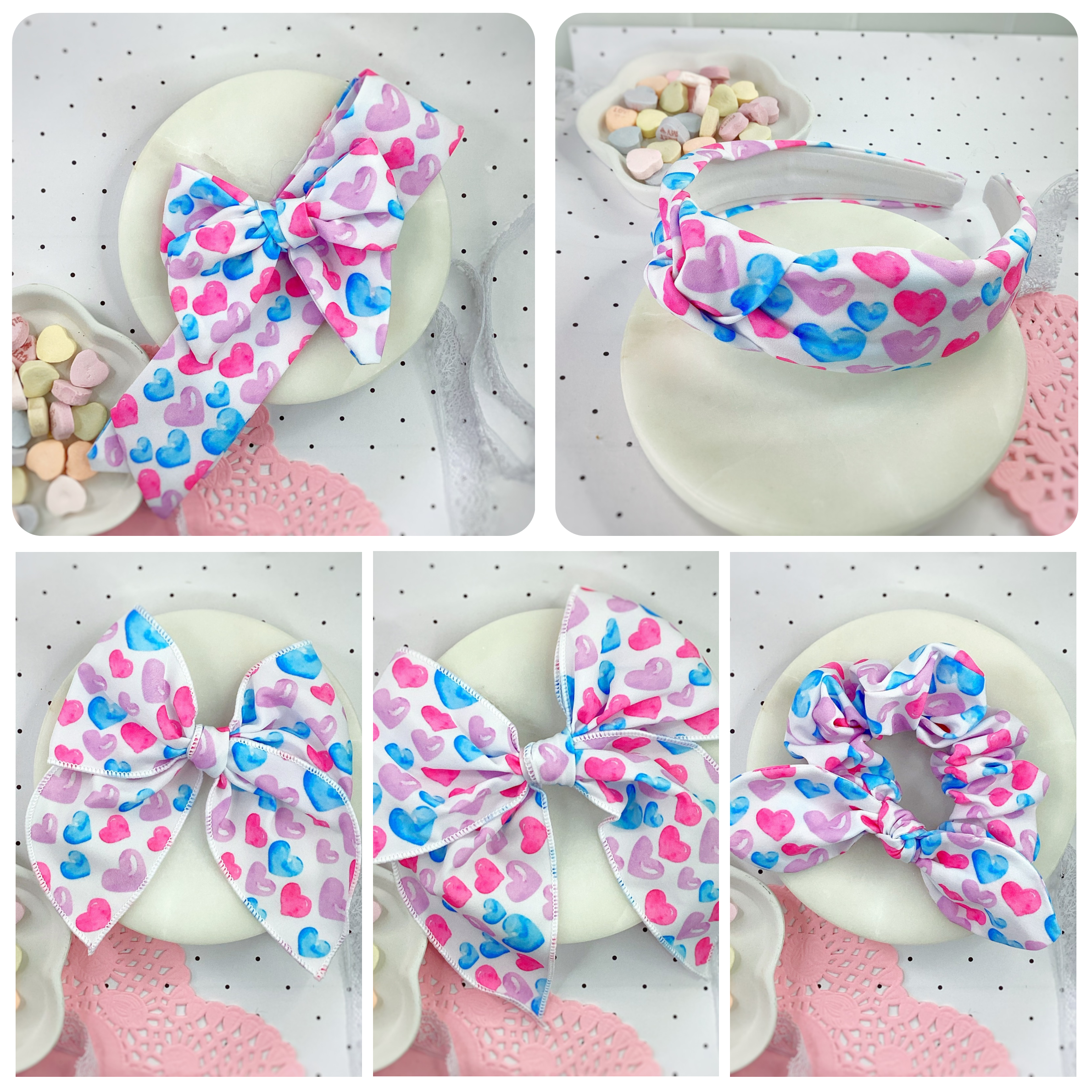 Pastel Hearts Bow Strip, Headband and Scrunchie Collection