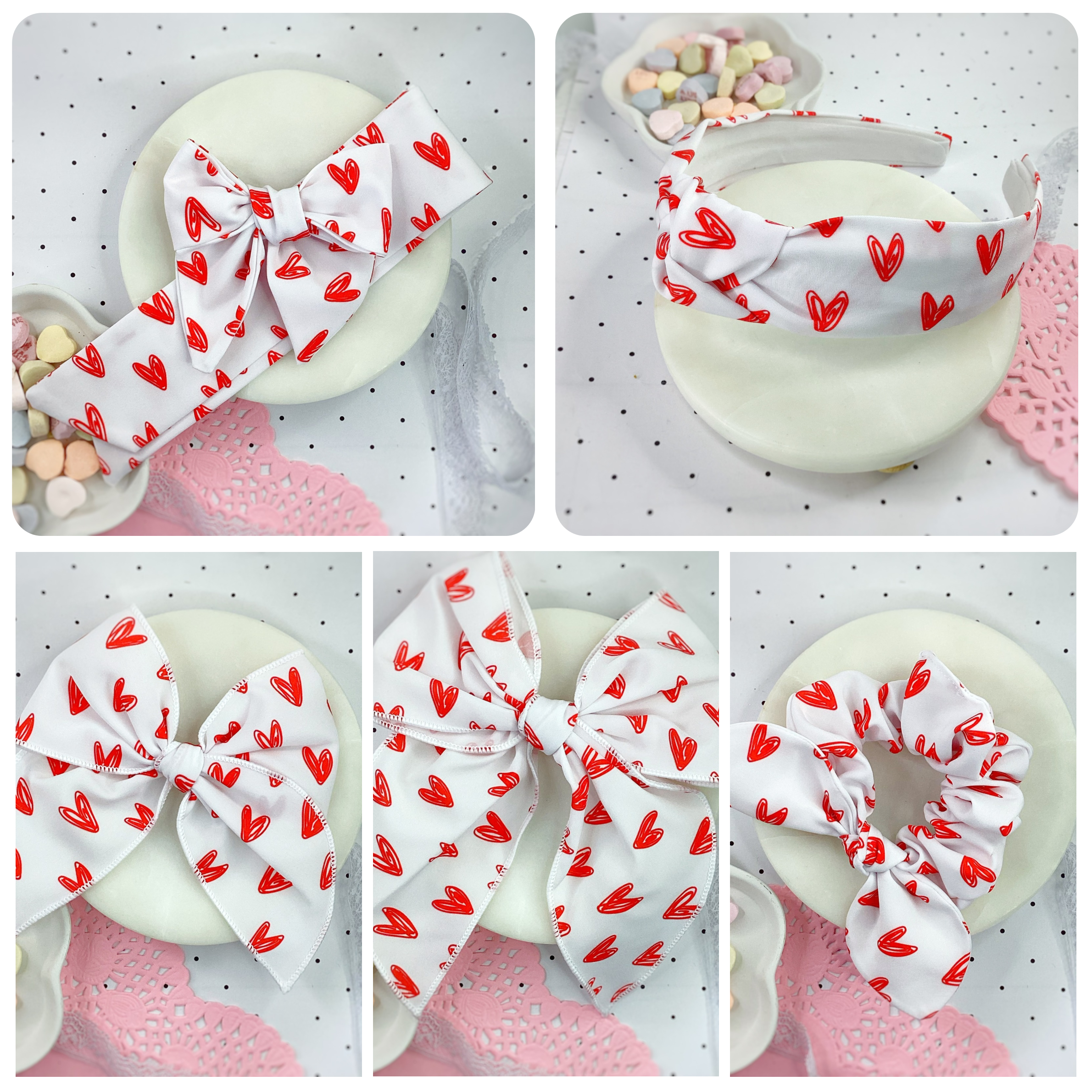 Red Scribble Hearts Bow Strip, Headband and Scrunchie Collection