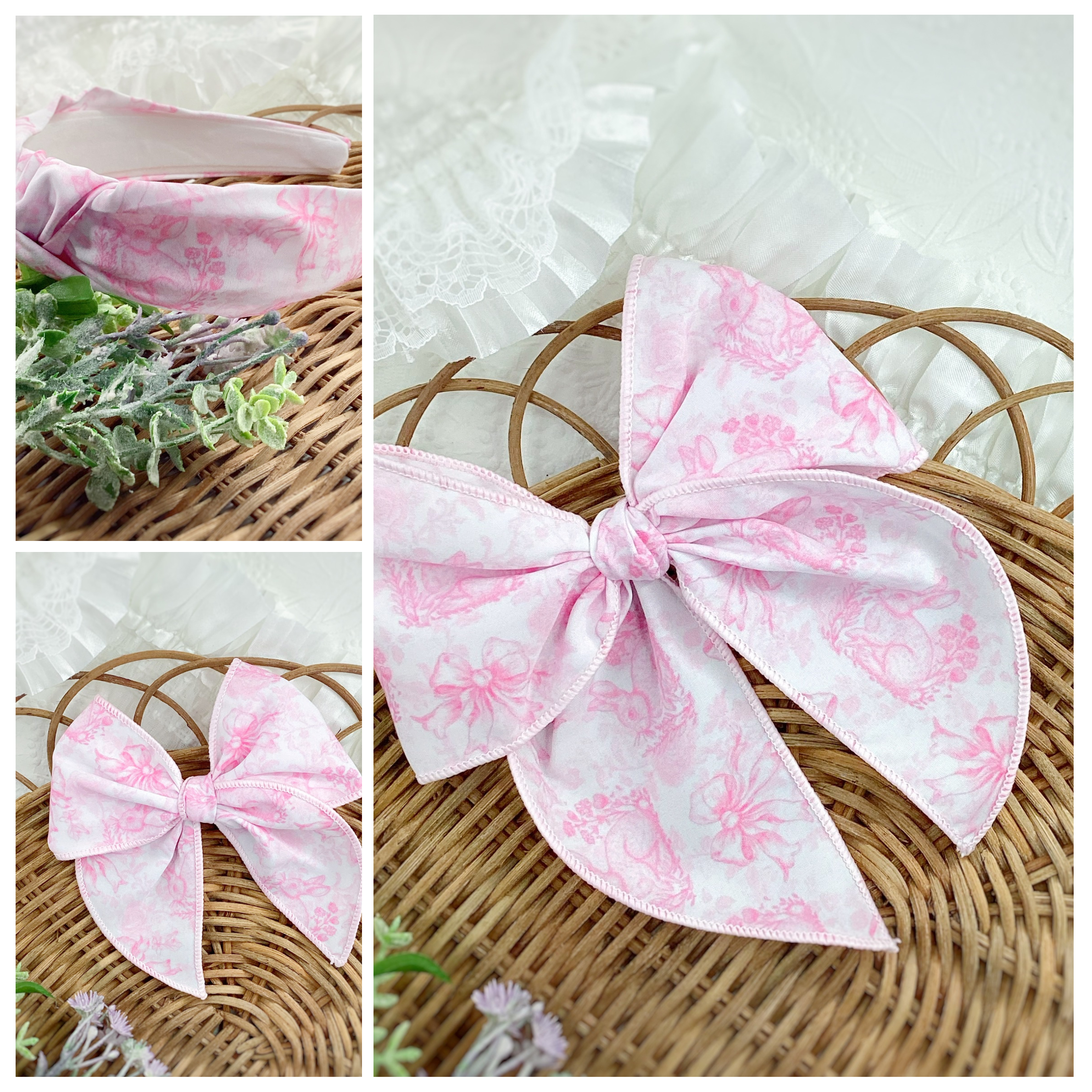 Pink Chinoise Bunnies Bow Strip and Headband Collection