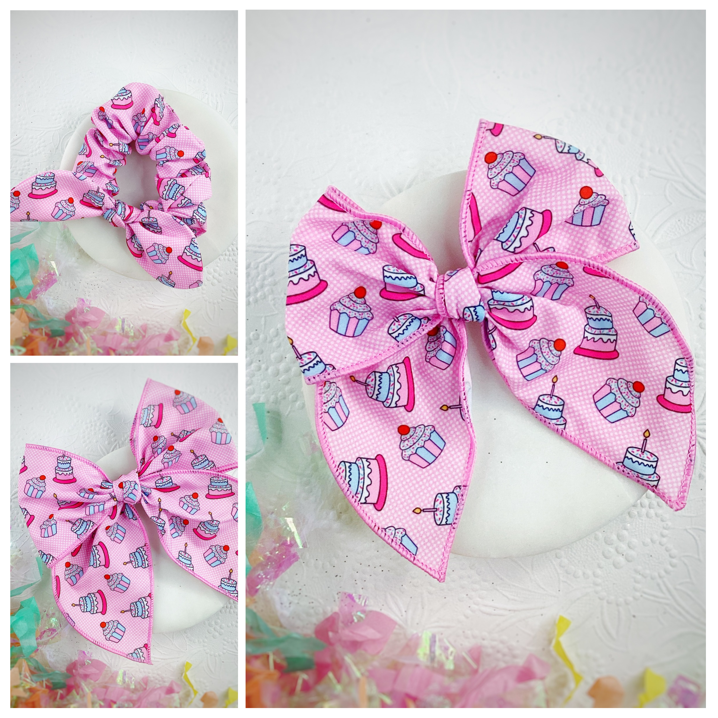 Pink Cake Pre-Tied Bow Strip and Scrunchie Collection