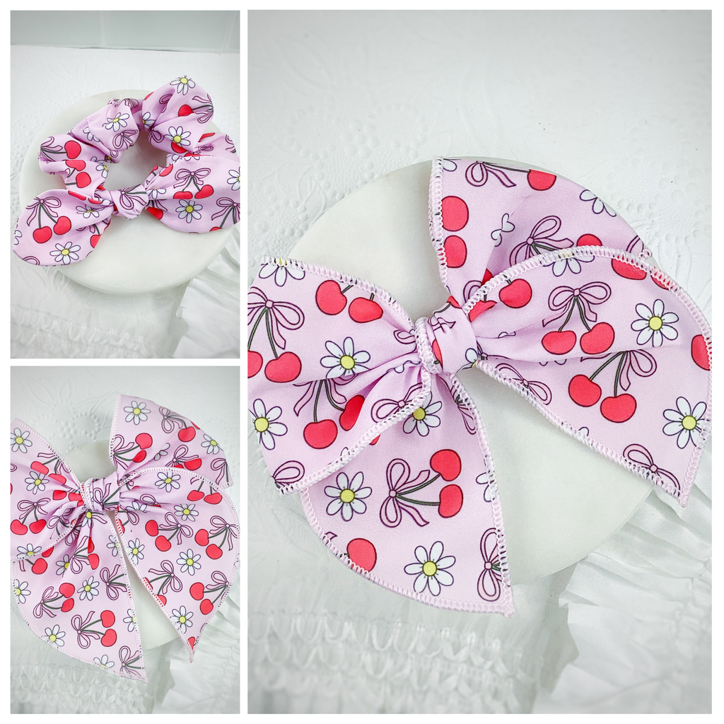 Cherry and Daisy Themed Pre-Tied Bow Strip and Scrunchie Collection