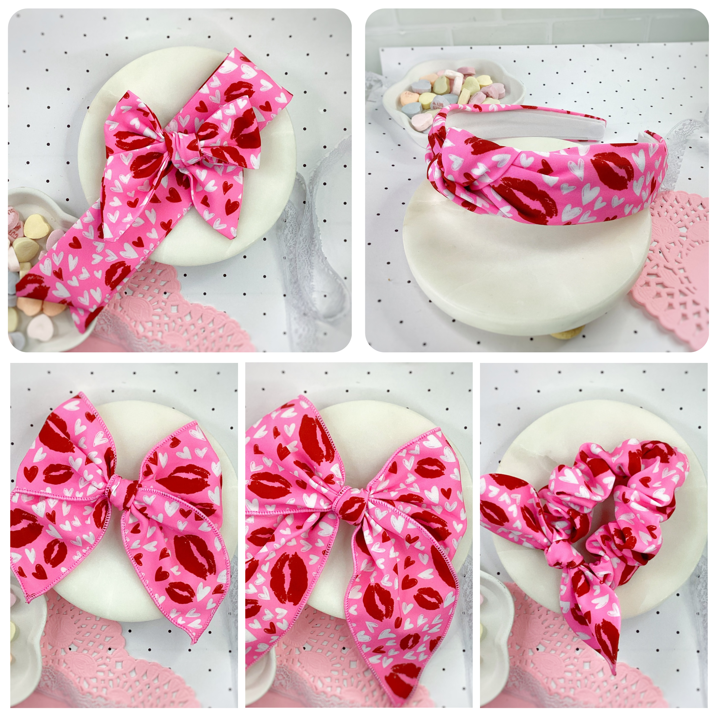 Heart and Kisses Bow Strip, Headband and Scrunchie Collection