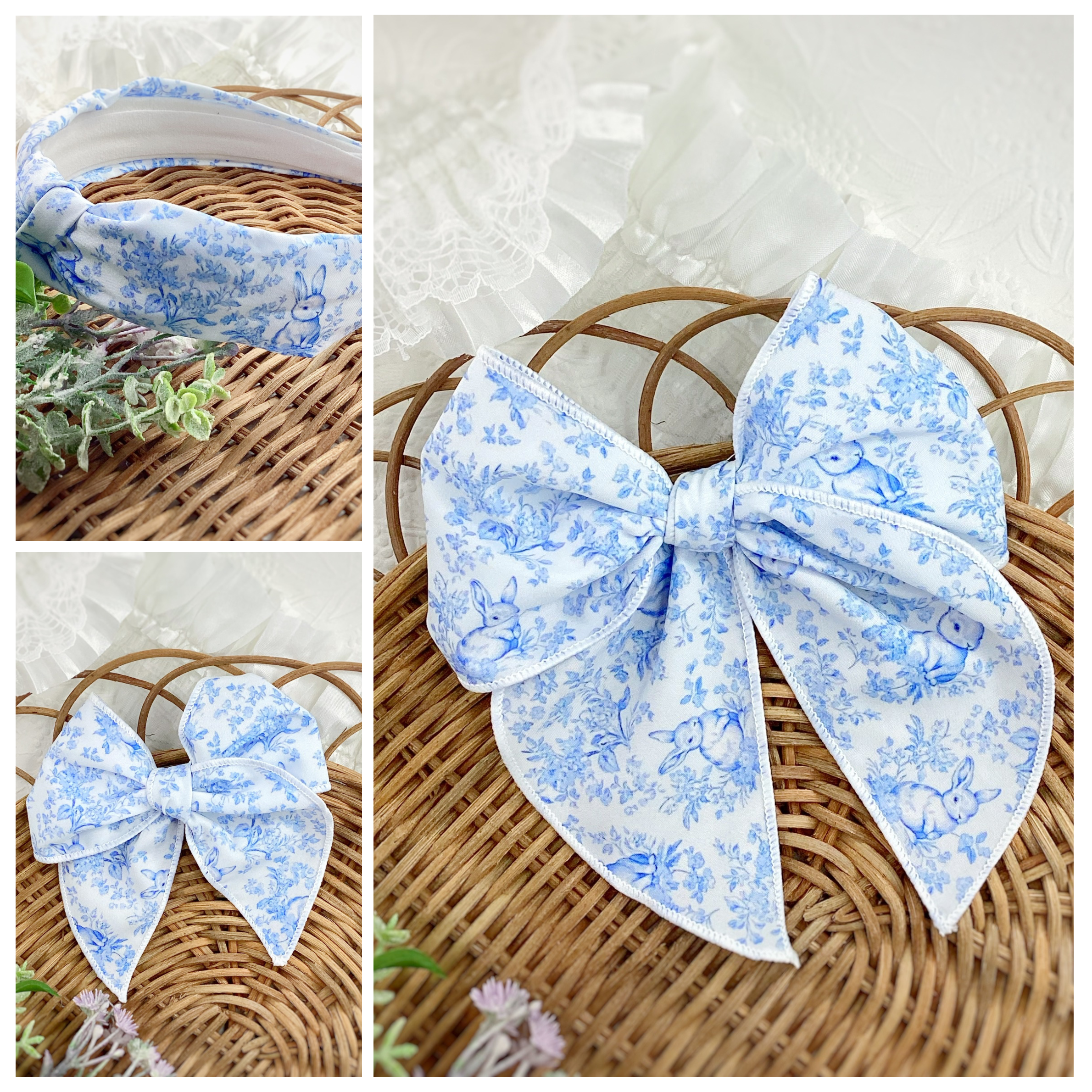Blue Chinoise Bunnies Bow Strip and Headband Collection