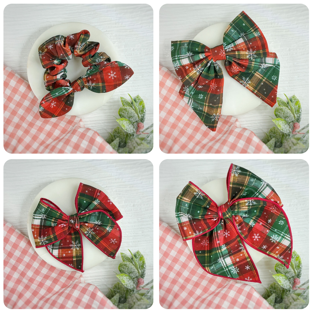 Snowflake Plaid Bow Strip, Finished Bow and Scrunchie Collection