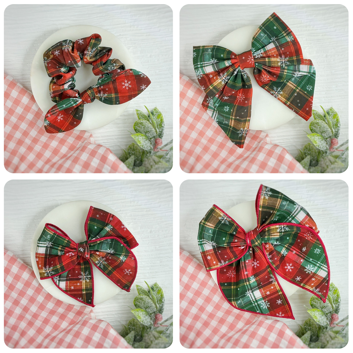 Snowflake Plaid Bow Strip, Finished Bow and Scrunchie Collection