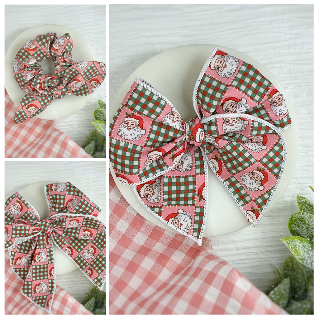 Santa’s Quilted Christmas Pre-Tied Bow Strip and Scrunchie Collection