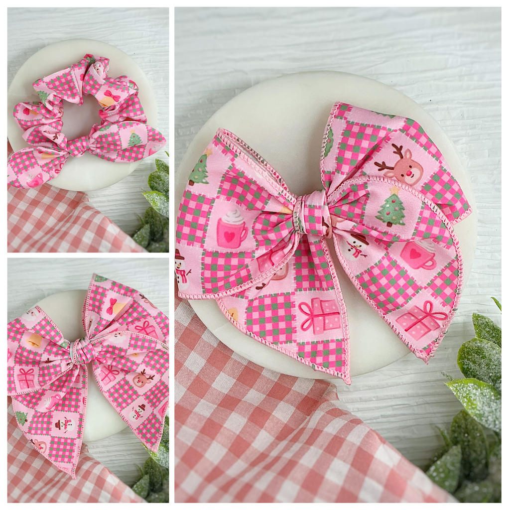 Pink Quilted Christmas Pre-Tied Bow Strip and Scrunchie Collection