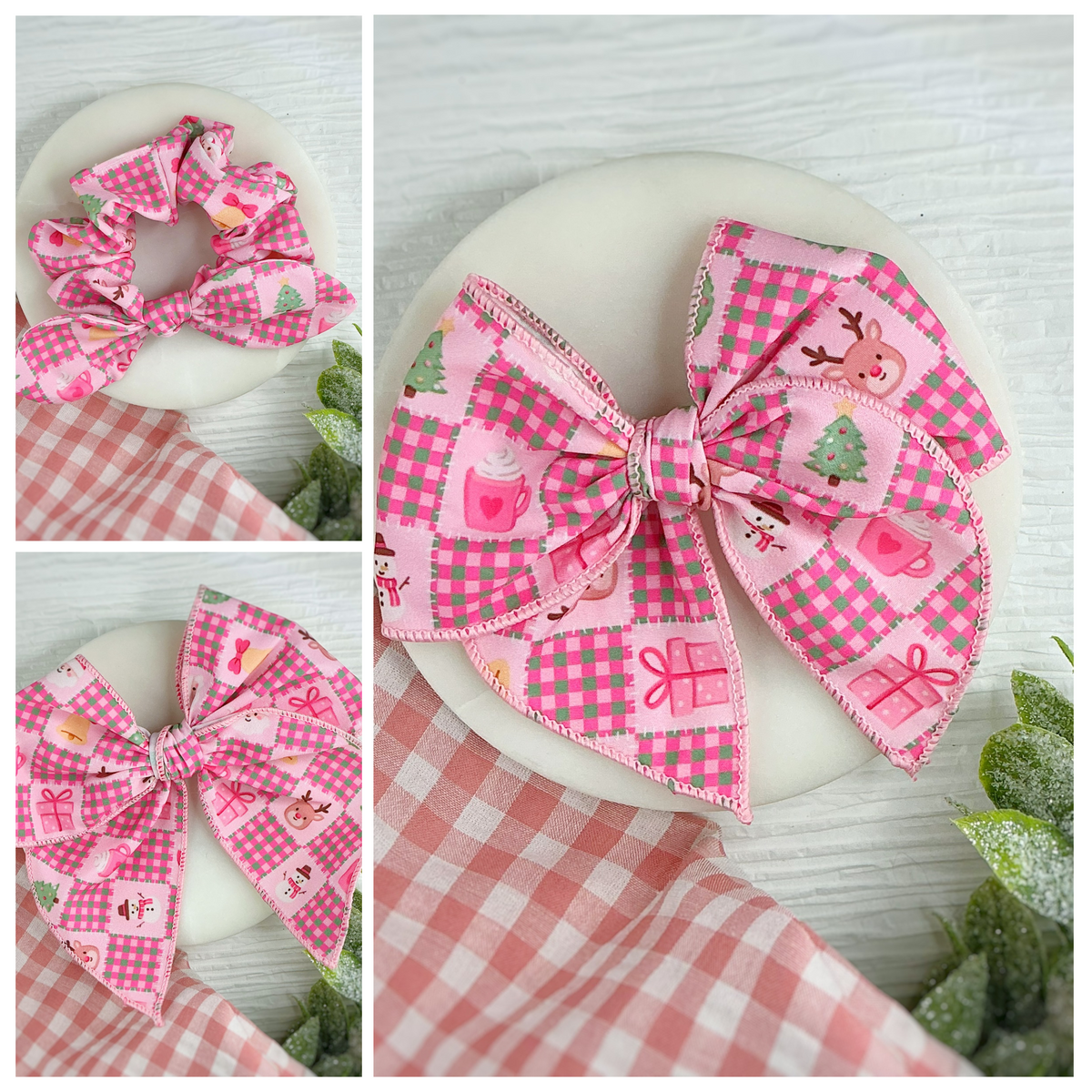 Pink Quilted Christmas Pre-Tied Bow Strip and Scrunchie Collection