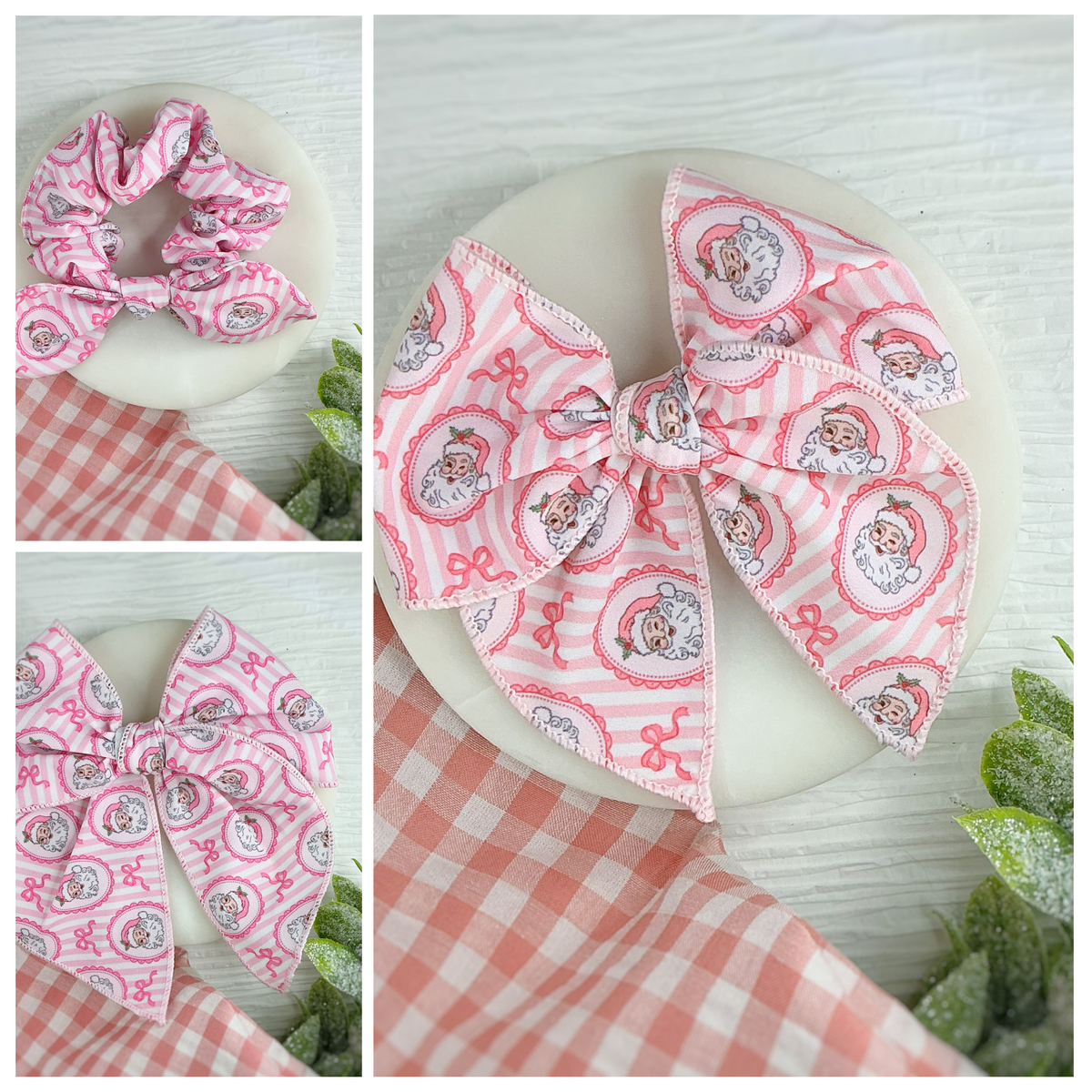 Three views of a pink and white striped fabric hair accessory set featuring a large bow and a matching scrunchie, both printed with a cartoon character and pink bow motifs, displayed on a white plate with a pink gingham cloth and green leaves.