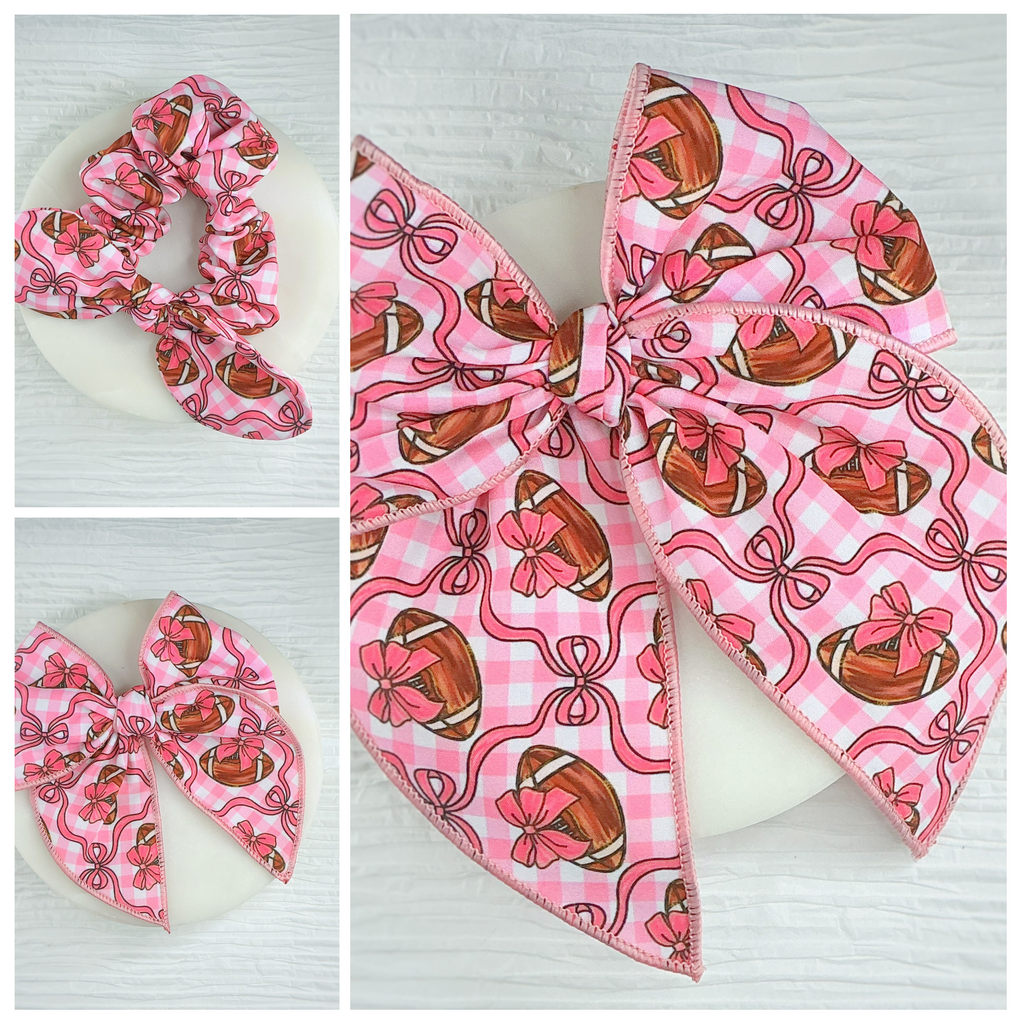 Pink Football Pre-Tied Bow Strip and Scrunchie Collection