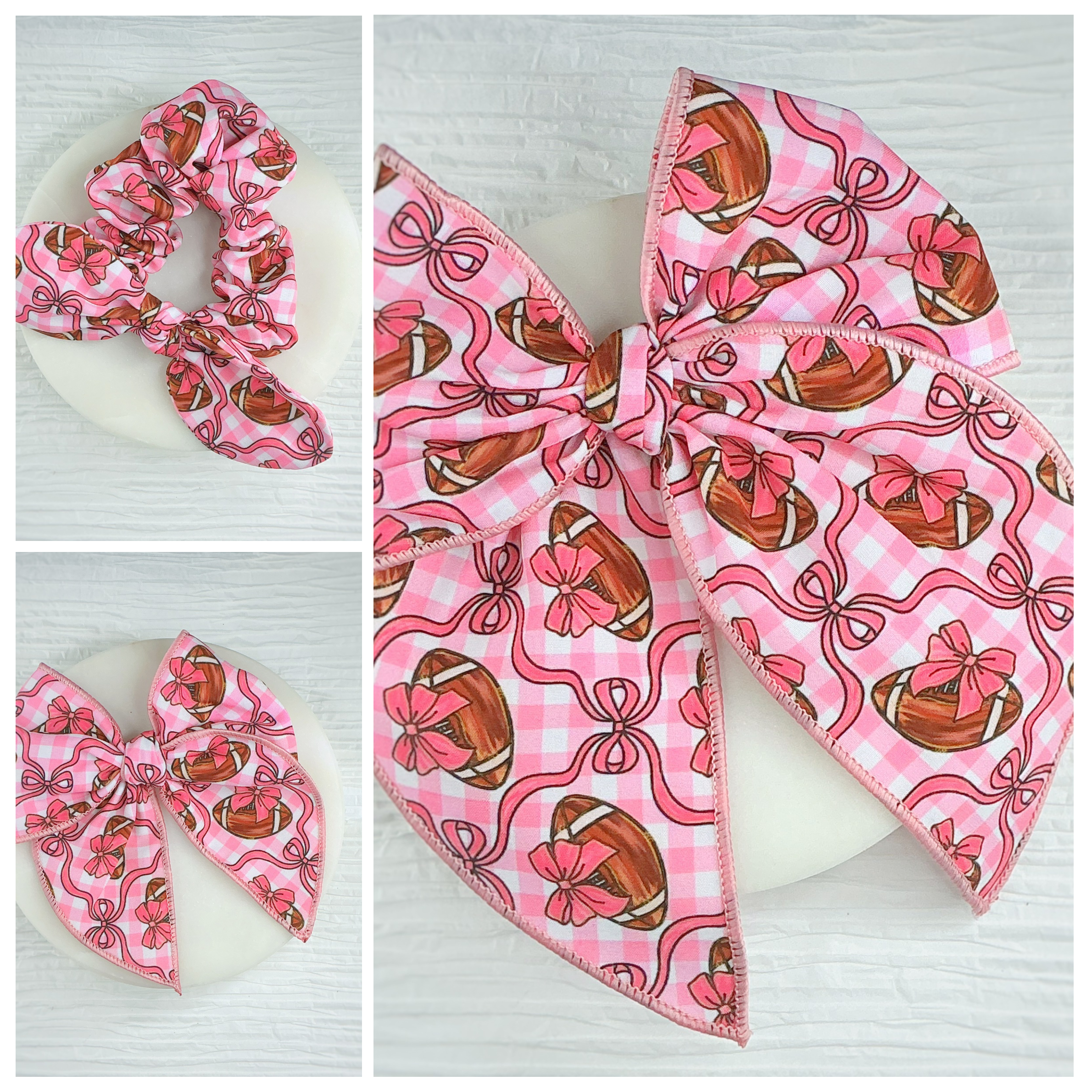 Pink Football Pre-Tied Bow Strip and Scrunchie Collection