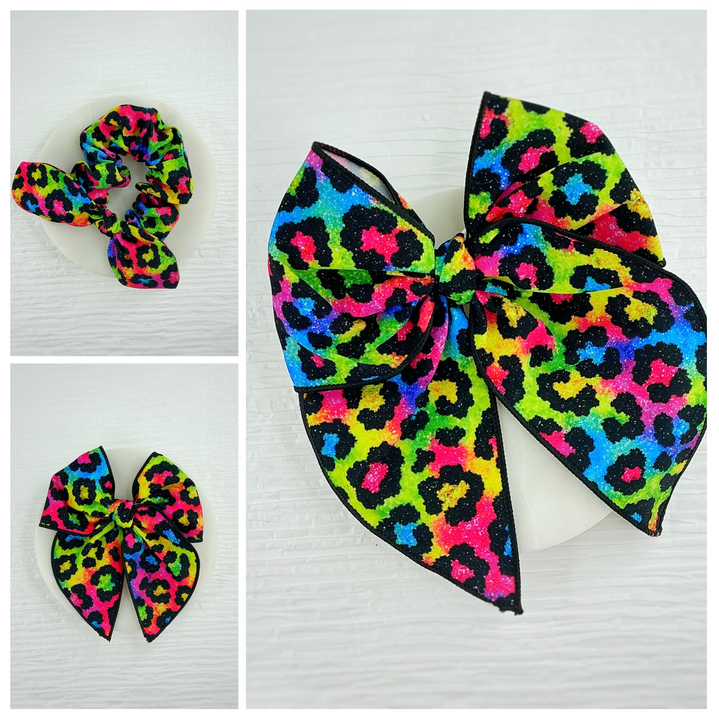 Neon Glitter-Look Leopard Pre-Tied Bow Strip and Scrunchie Collection
