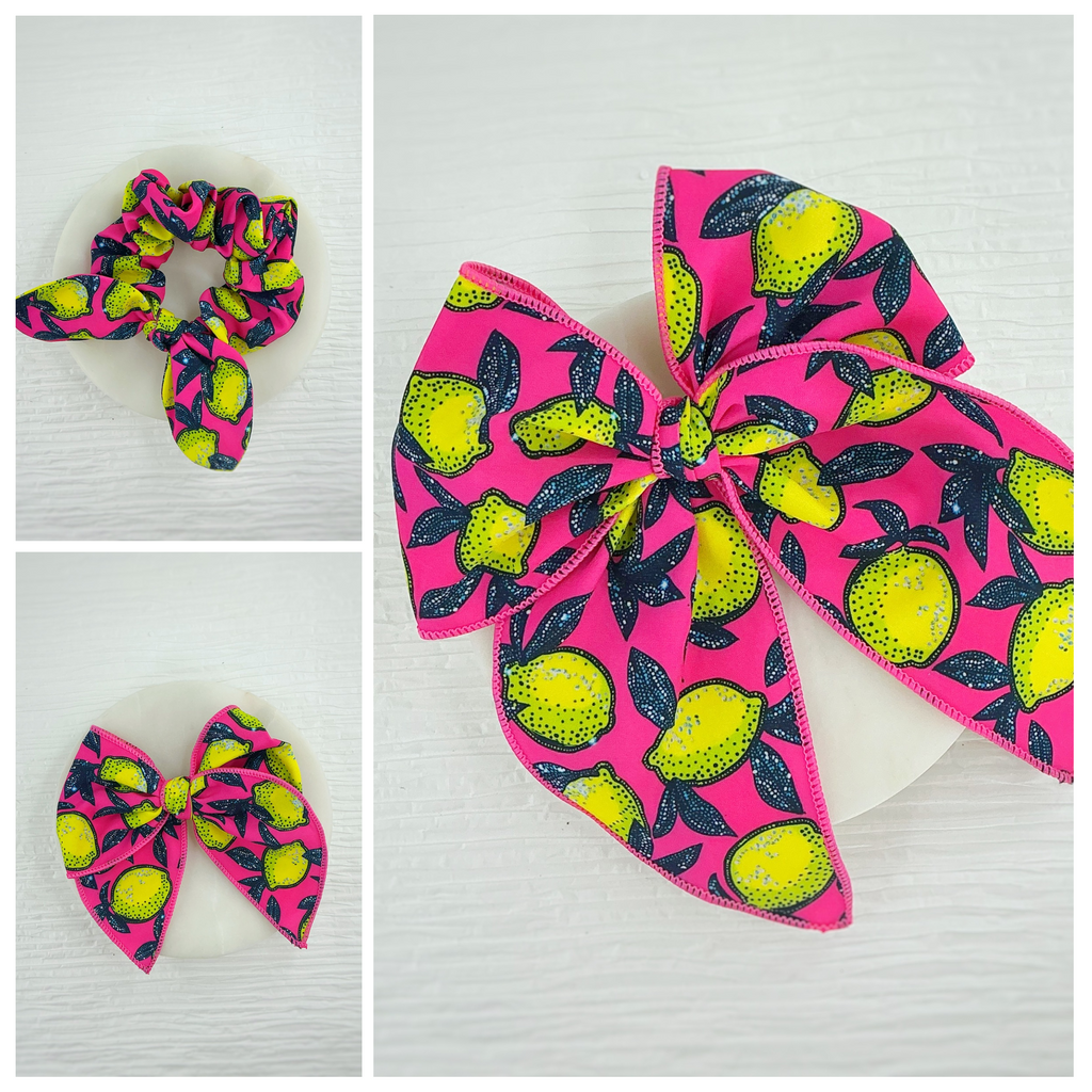Hot Pink and Neon Lemons Pre-Tied Bow Strip and Scrunchie Collection