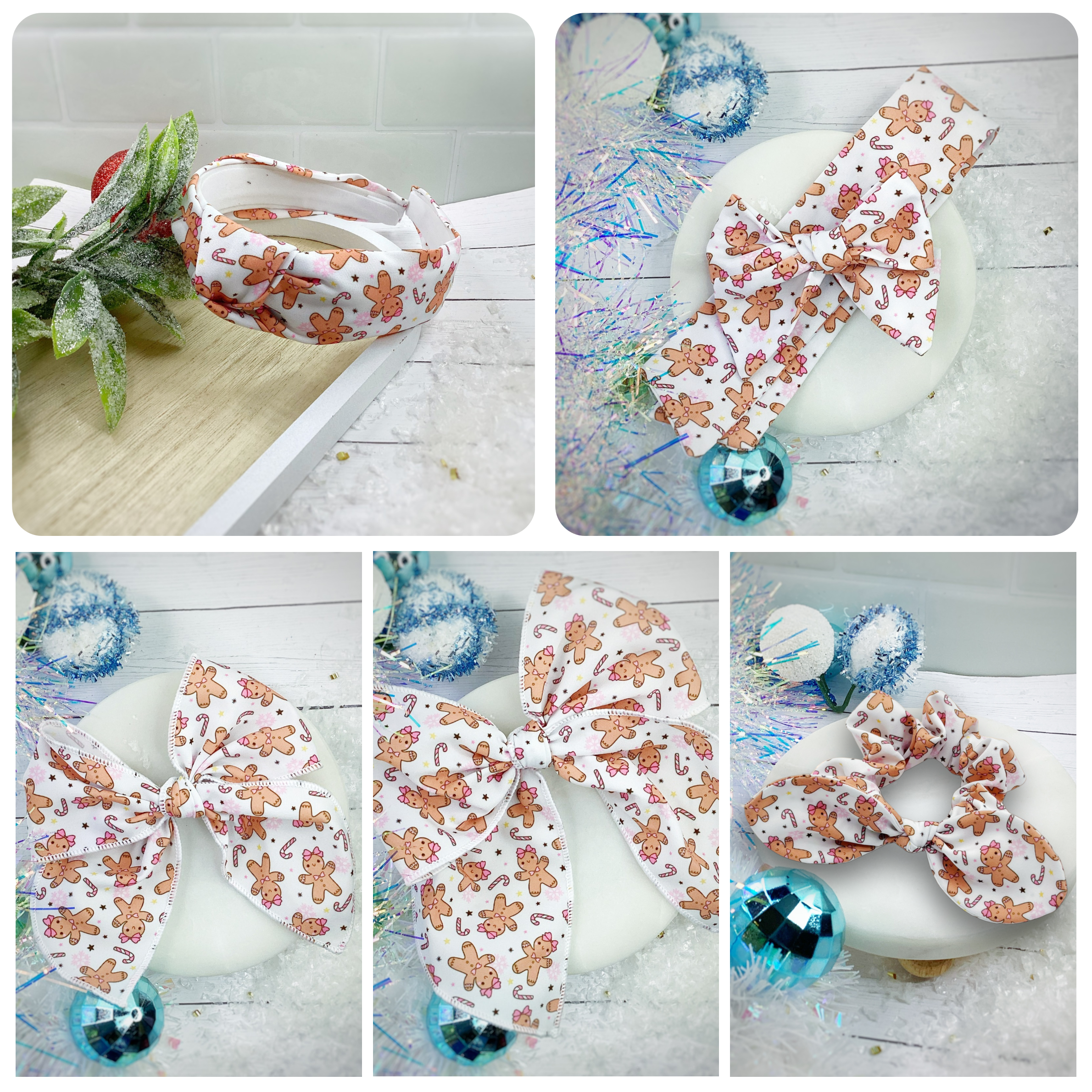 Cutie Gingerbread Girls Bow Strip, Headband and Scrunchie Collection