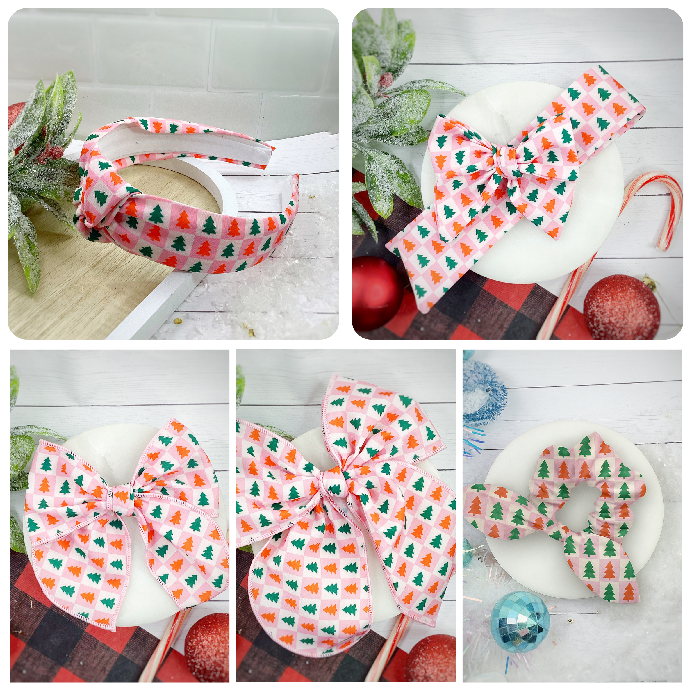 Christmas Tree Checker Bow Strip, Headband and Scrunchie Collection