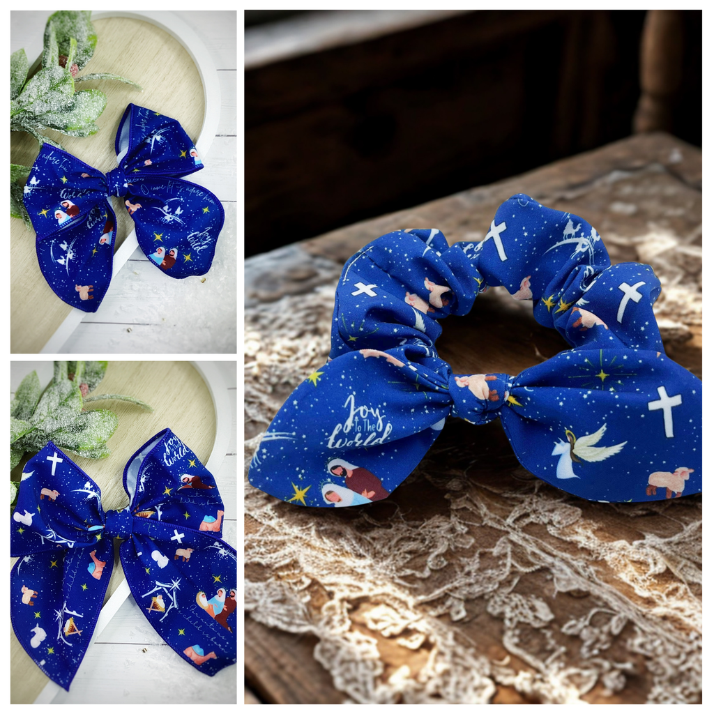 Christmas Nativity Pre-Tied Bow Strip and Scrunchie Collection